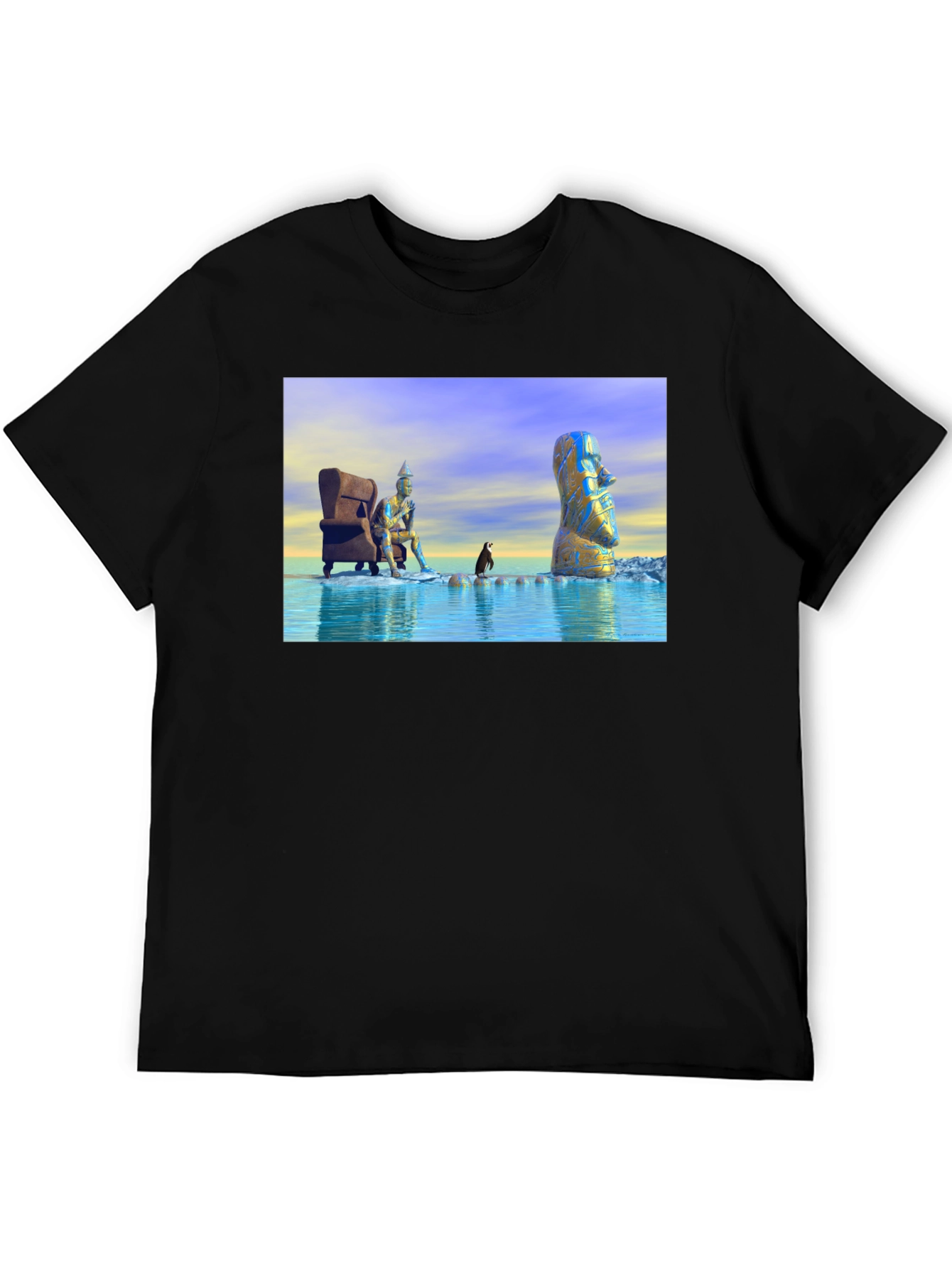 Surreal Art T-Shirt: Moai Thinker Penguin