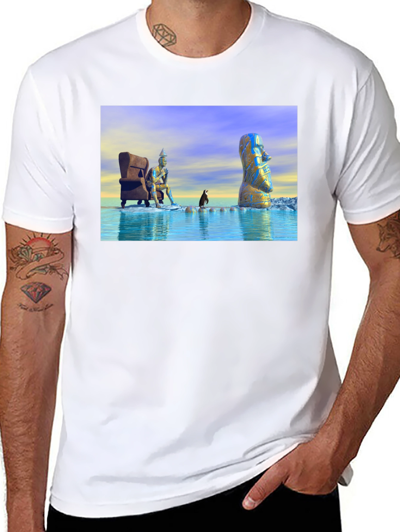 Surreal Art T-Shirt: Moai Thinker Penguin