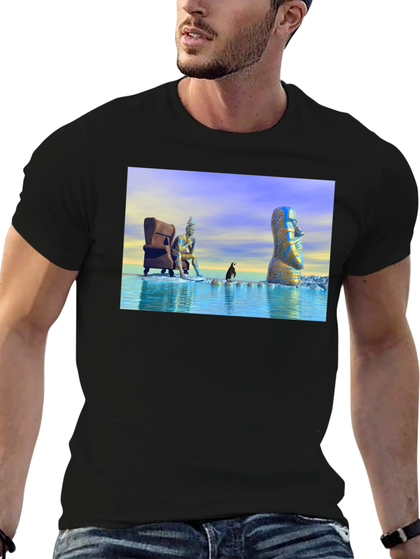 Surreal Art T-Shirt: Moai Thinker Penguin