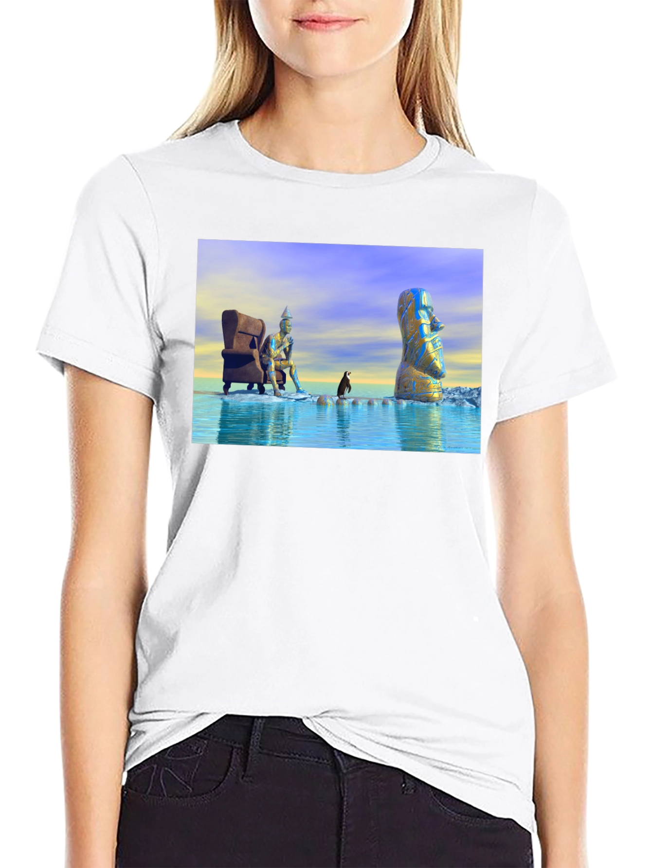 Surreal Art T-Shirt: Moai Thinker Penguin
