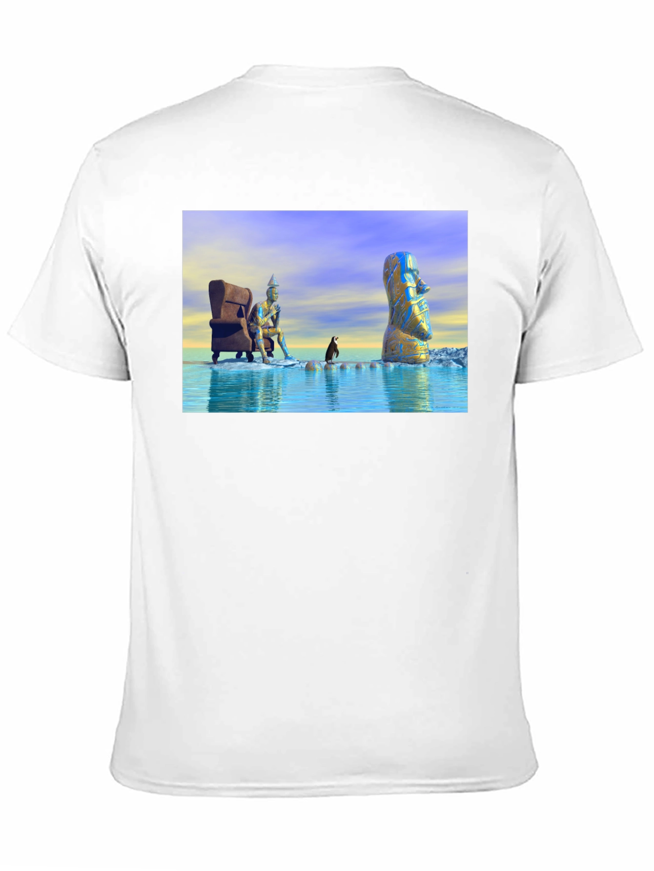 Surreal Art T-Shirt: Moai Thinker Penguin