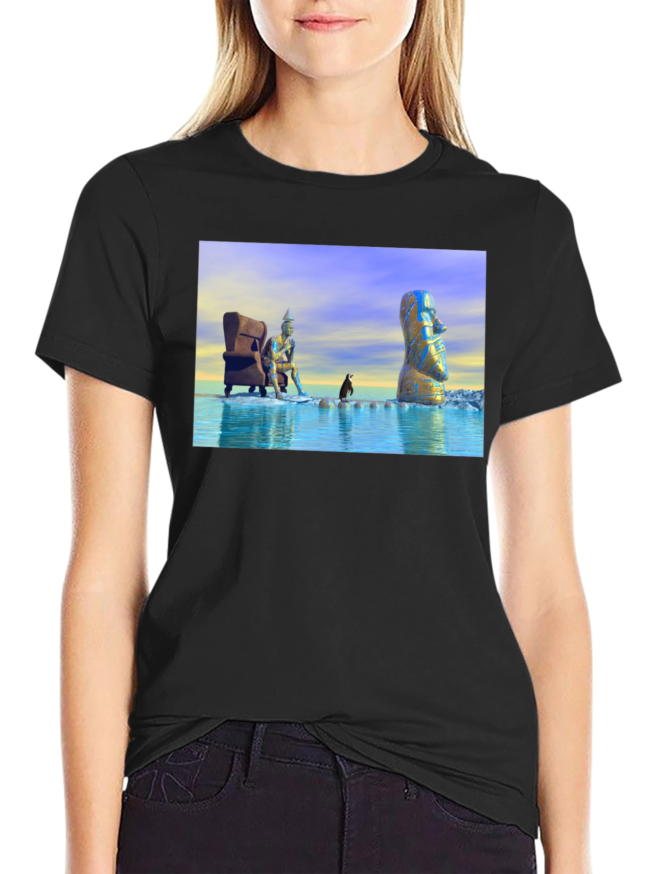 Surreal Art T-Shirt: Moai Thinker Penguin