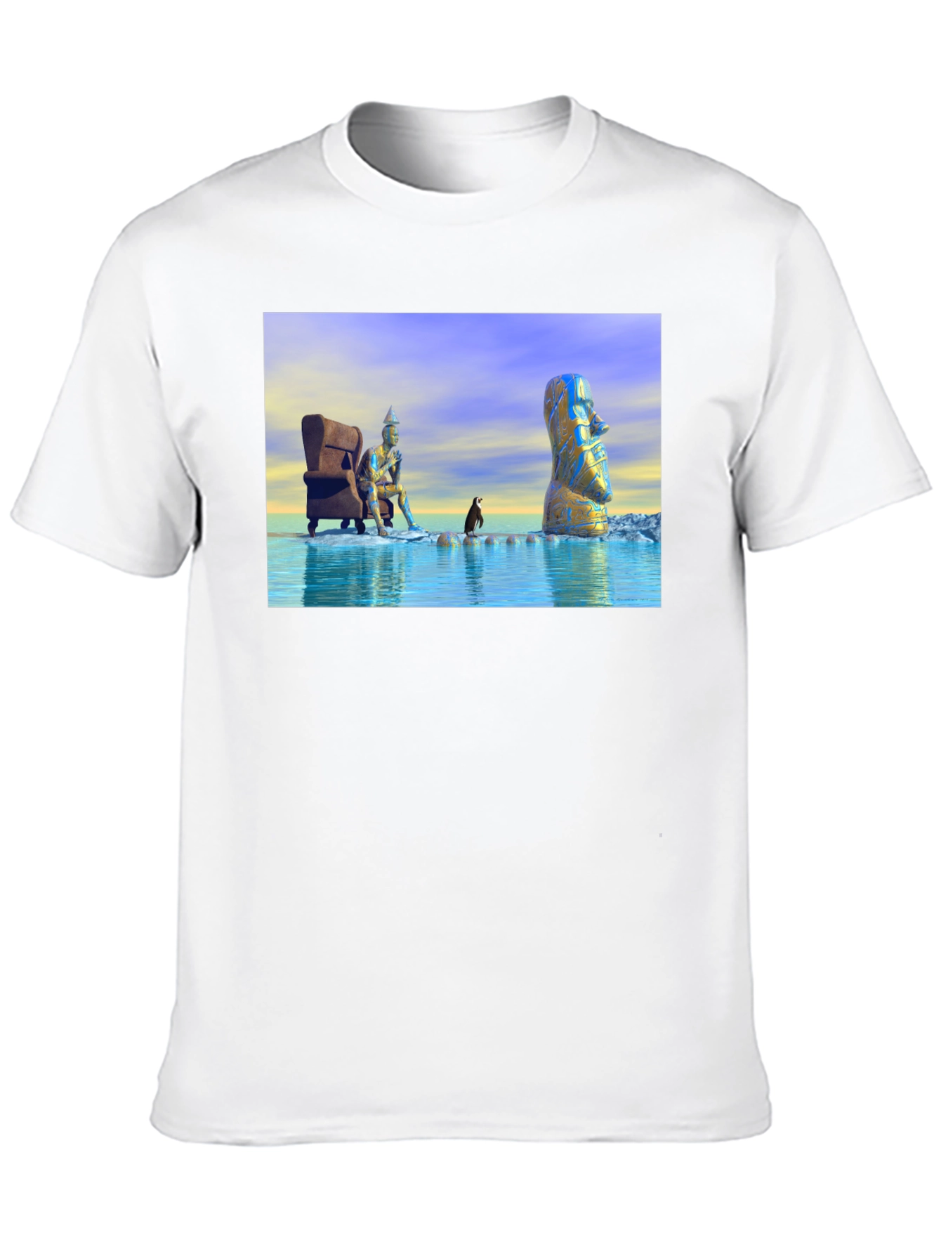 Surreal Art T-Shirt: Moai Thinker Penguin