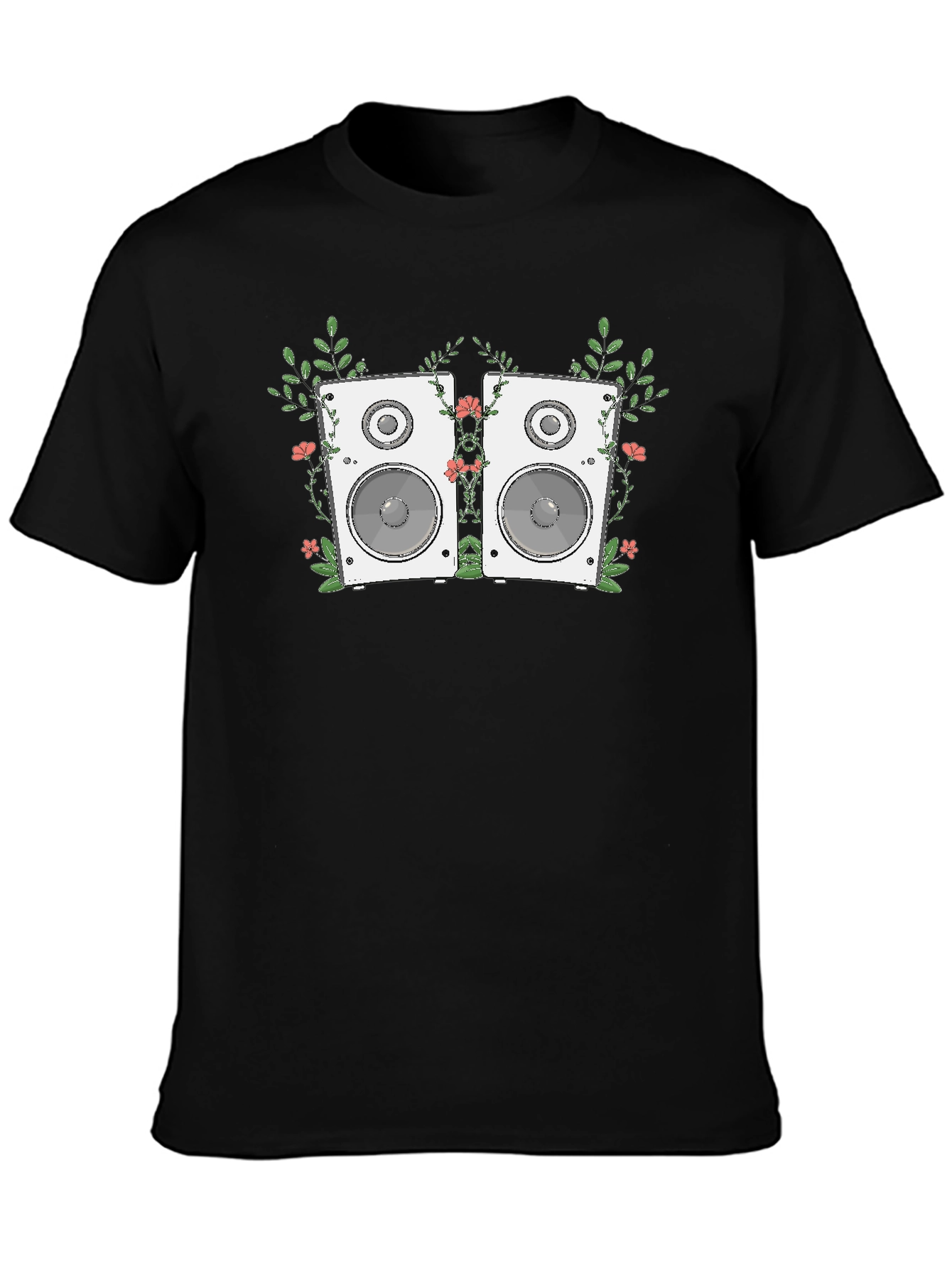 Floral Speaker Graphic Tee - Black Cotton T-Shirt