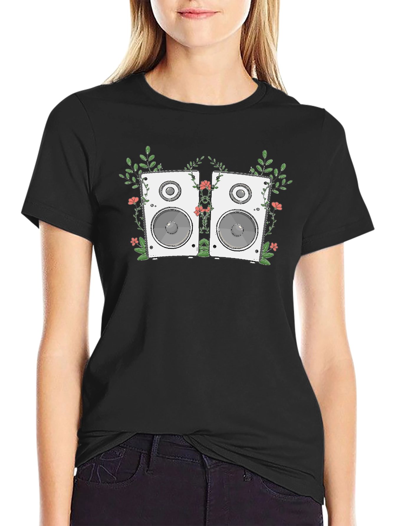 Floral Speaker Graphic Tee - Black Cotton T-Shirt