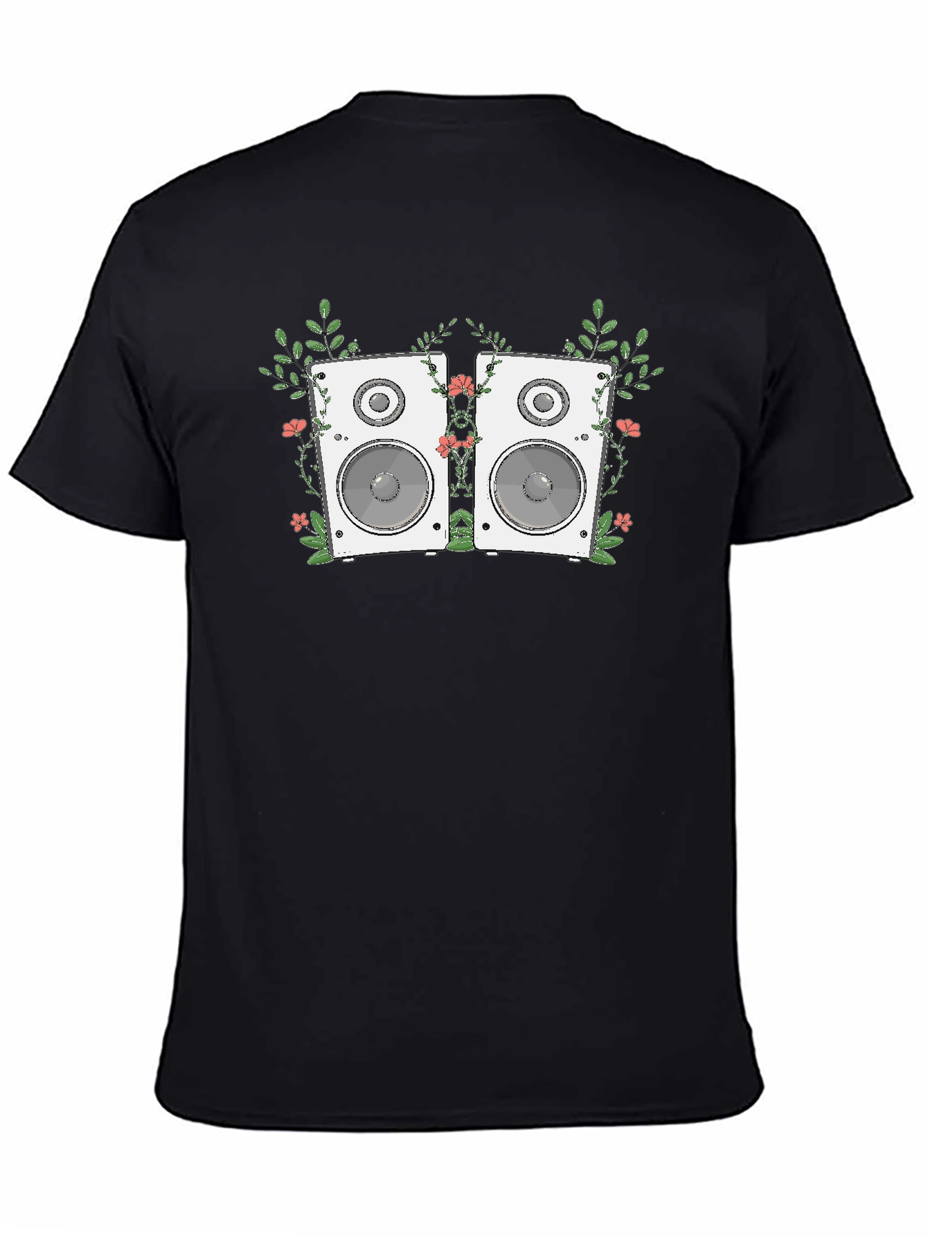 Floral Speaker Graphic Tee - Black Cotton T-Shirt