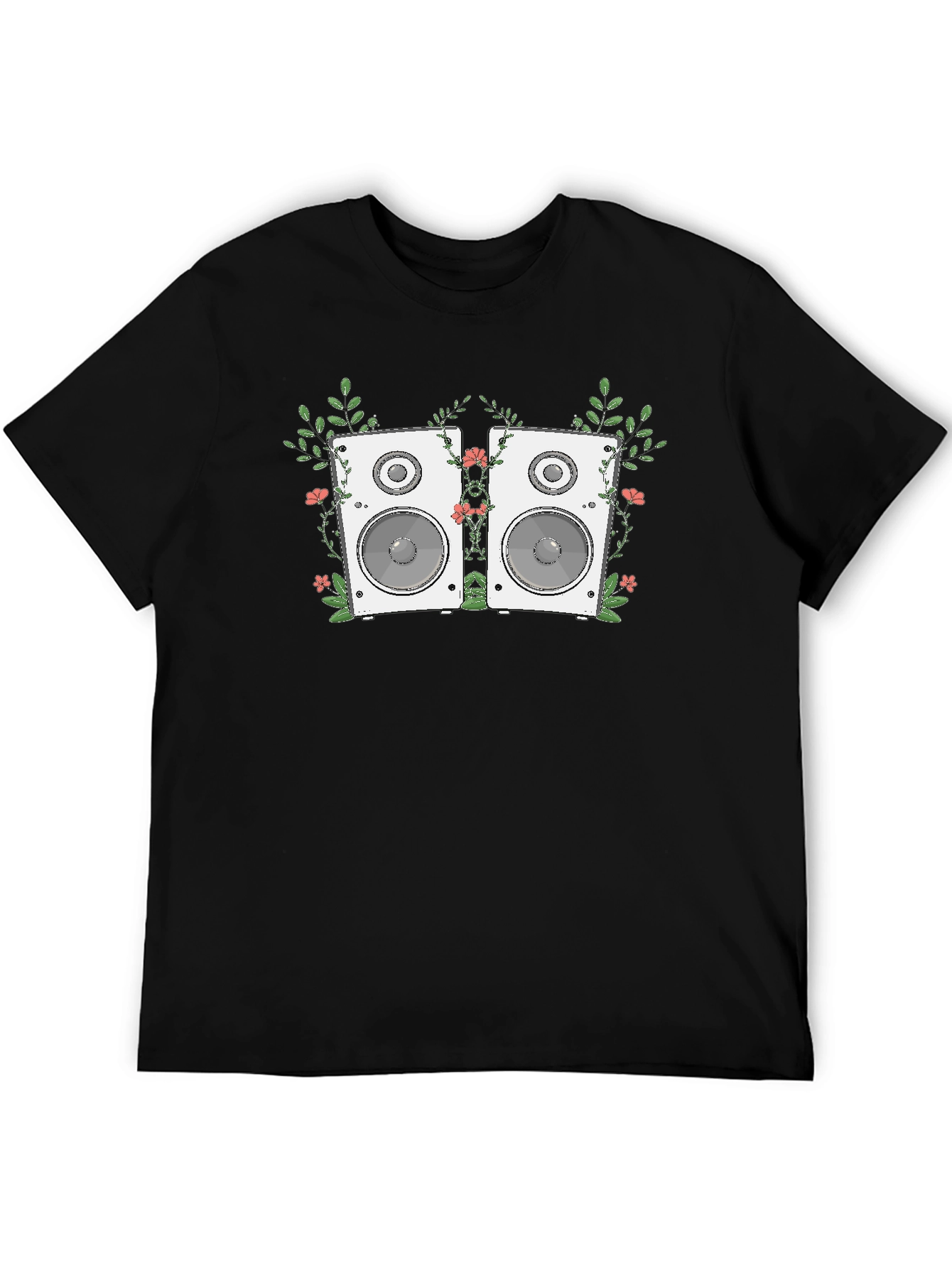 Floral Speaker Graphic Tee - Black Cotton T-Shirt