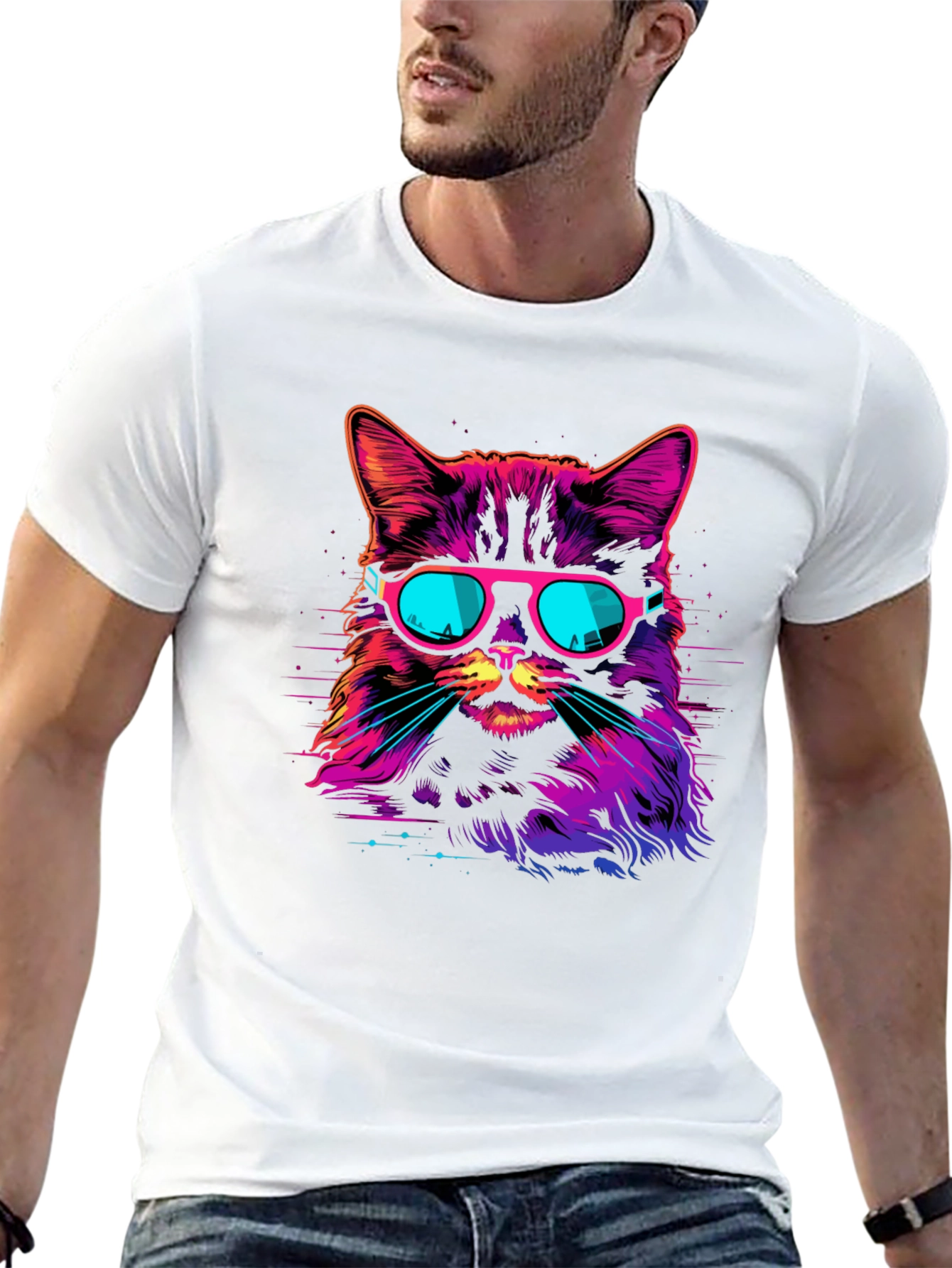 Retro Neon Cat Graphic T-Shirt