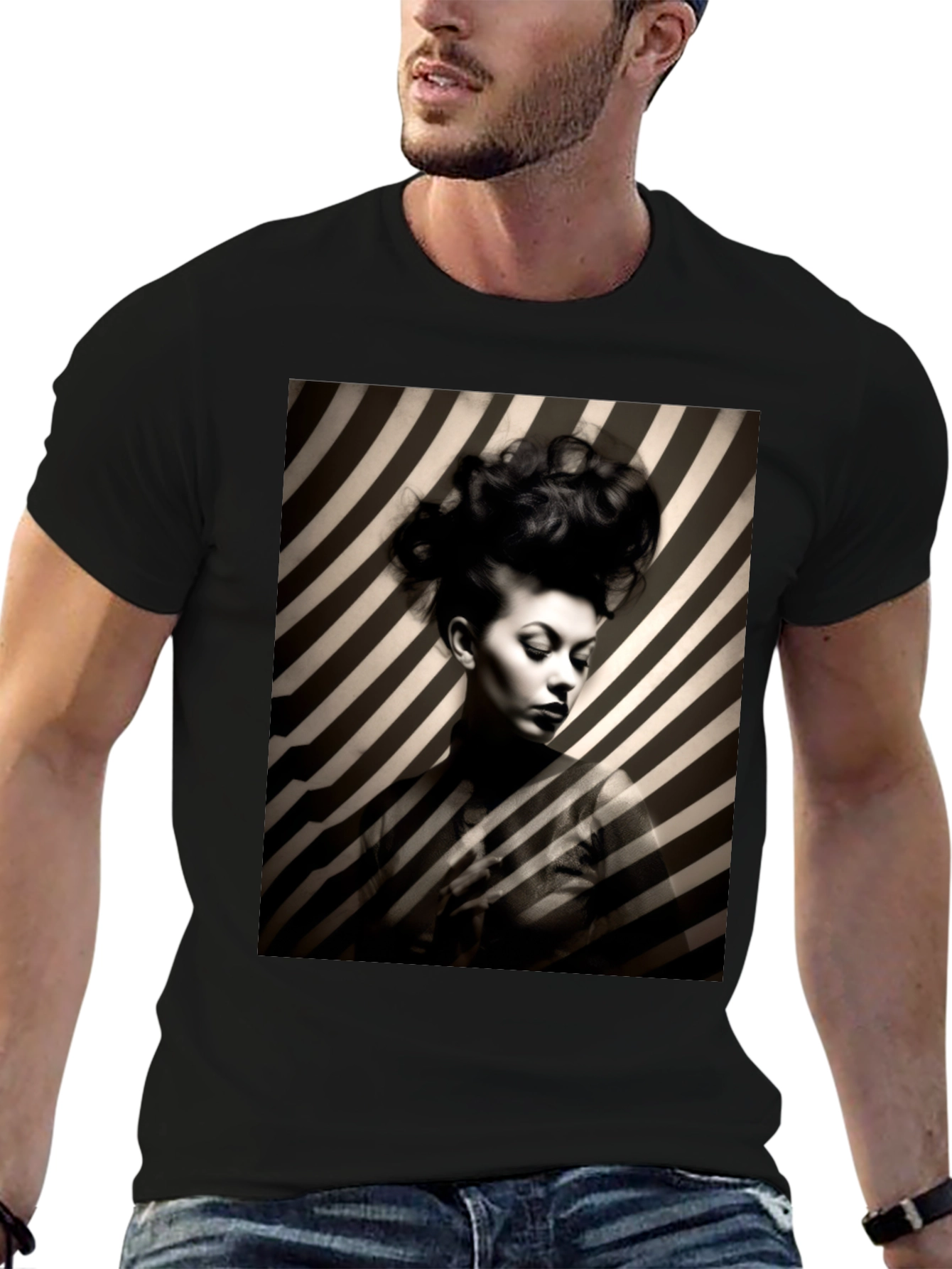 Striking Striped Portrait Graphic Tee - Bold Style