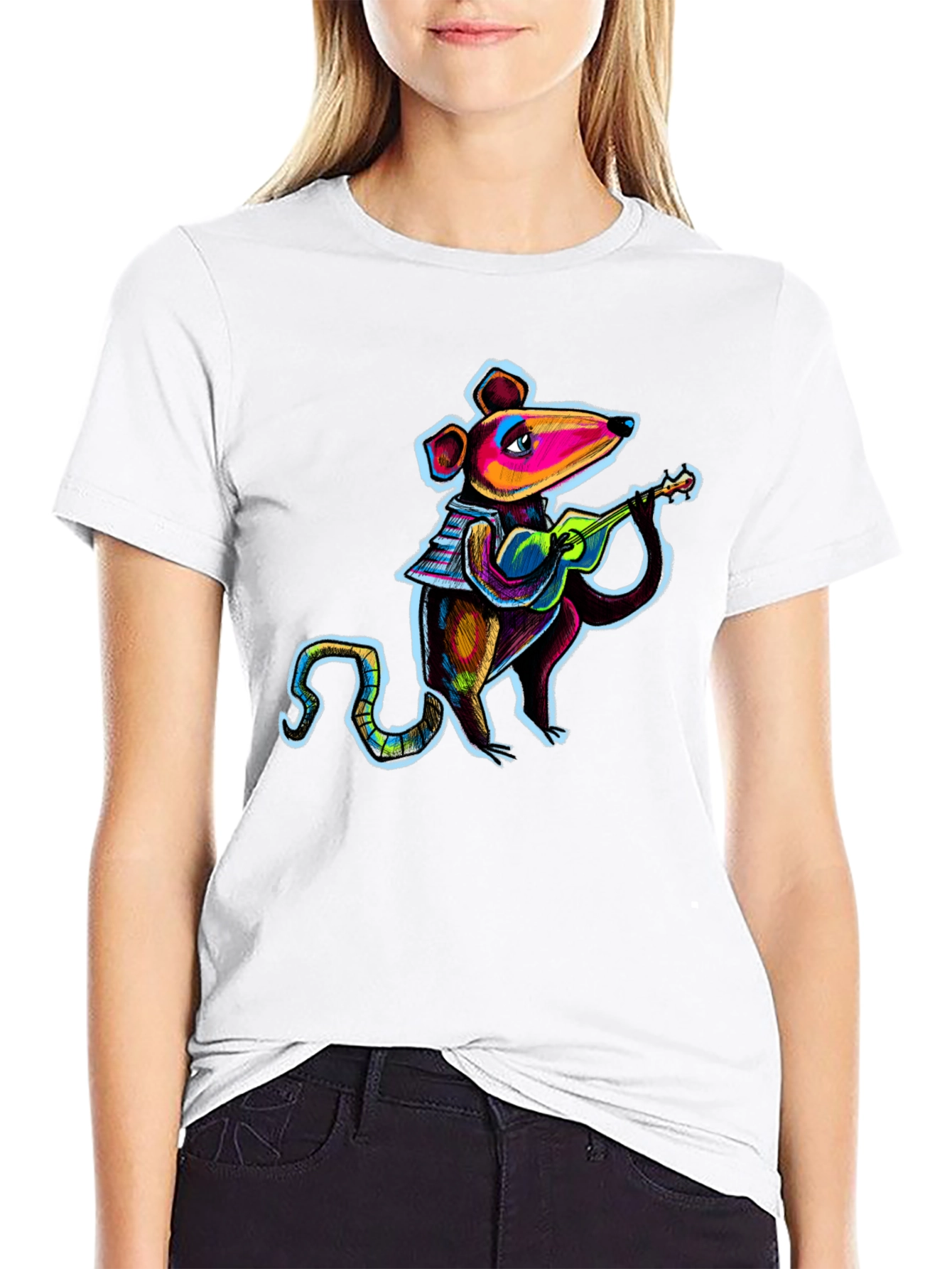 Rat Playing Ukulele Black T-Shirt