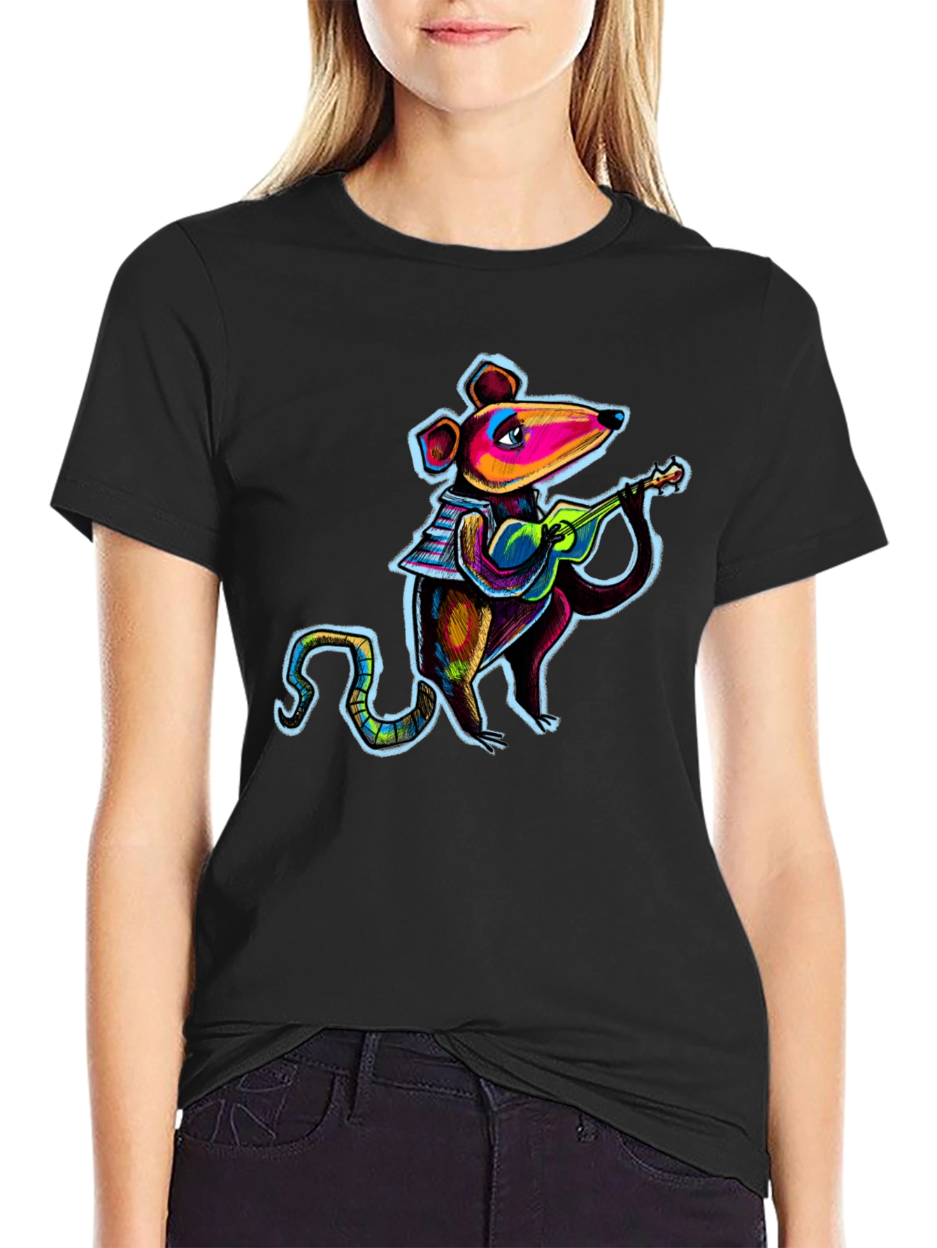 Rat Playing Ukulele Black T-Shirt