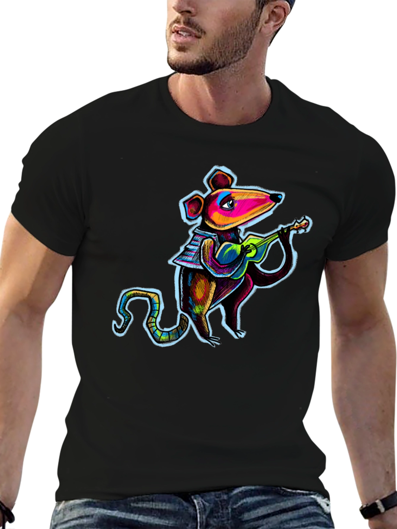 Rat Playing Ukulele Black T-Shirt