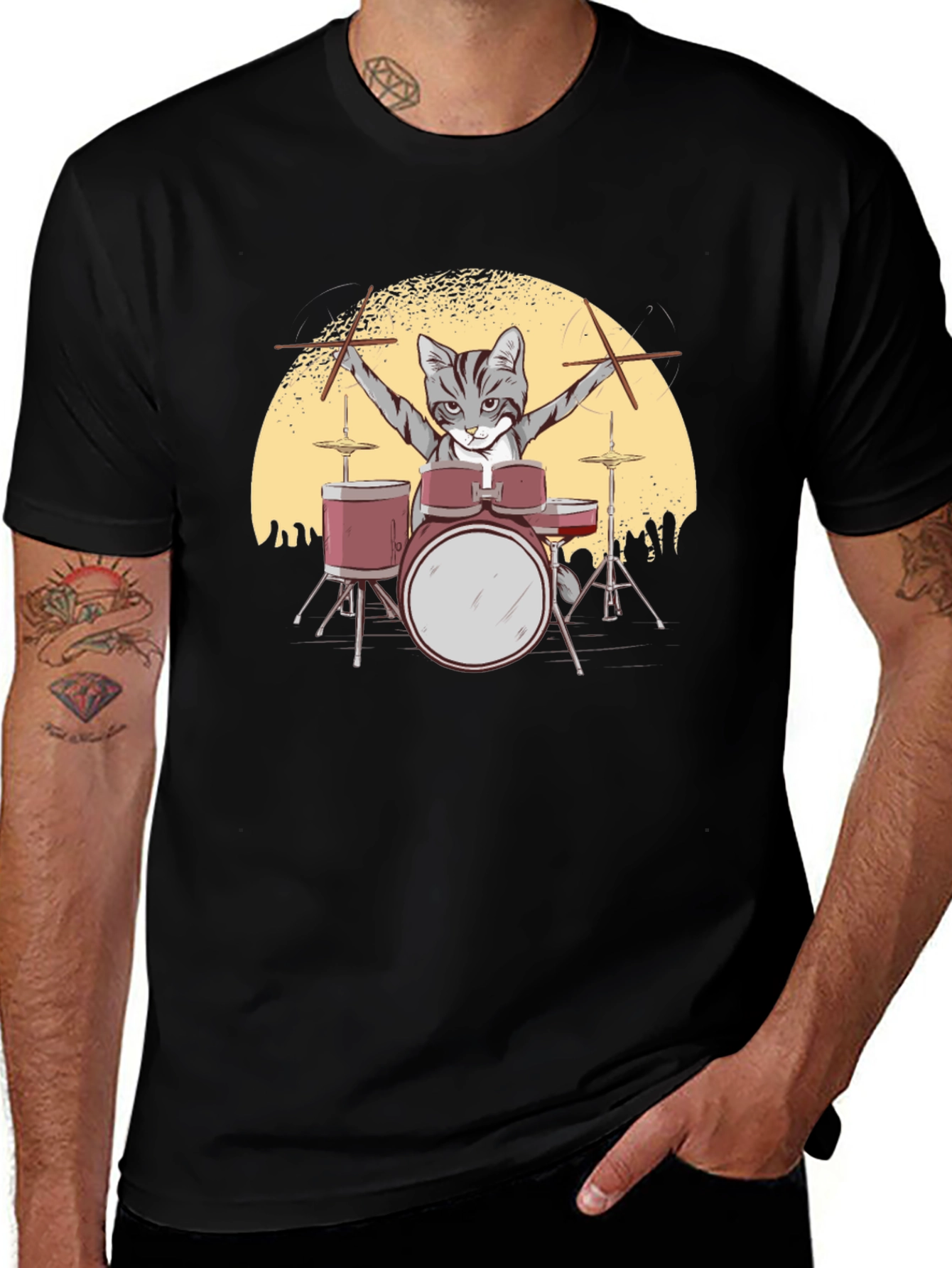 Cat Drummer T-Shirt - Rock Star Feline