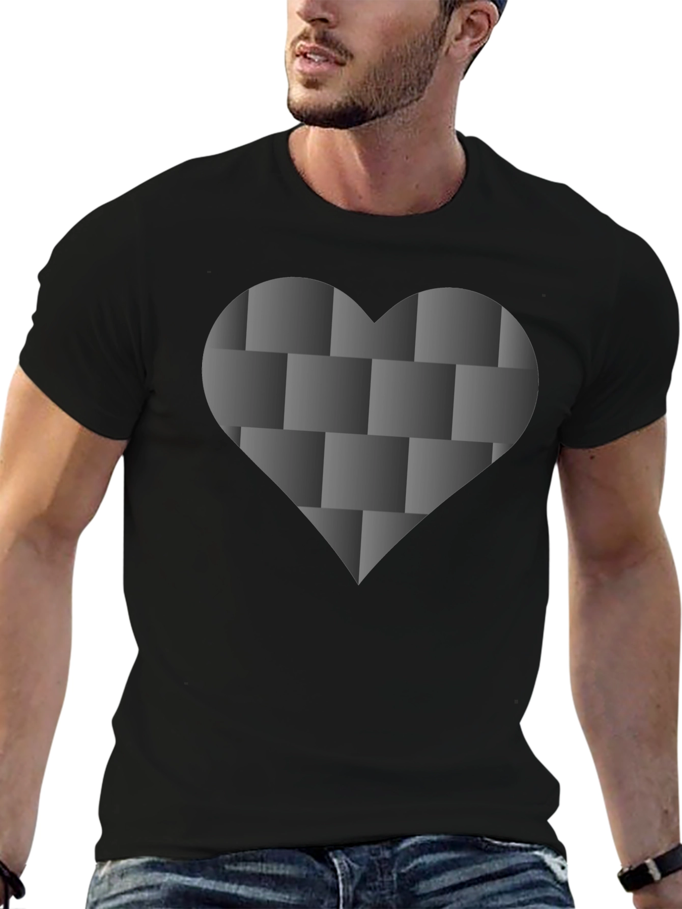 Black Tee with 3D Woven Heart Design