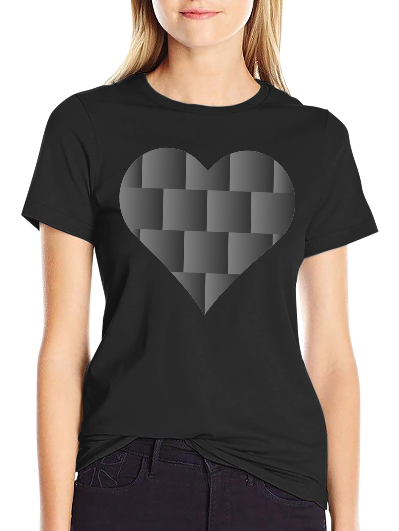 Black Tee with 3D Woven Heart Design