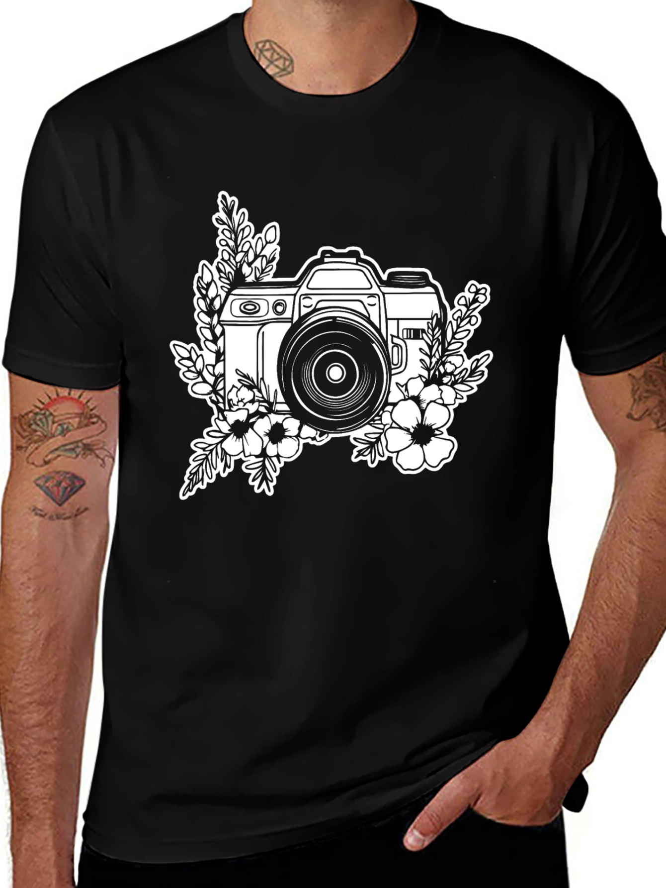 Floral Camera Black Graphic T-Shirt