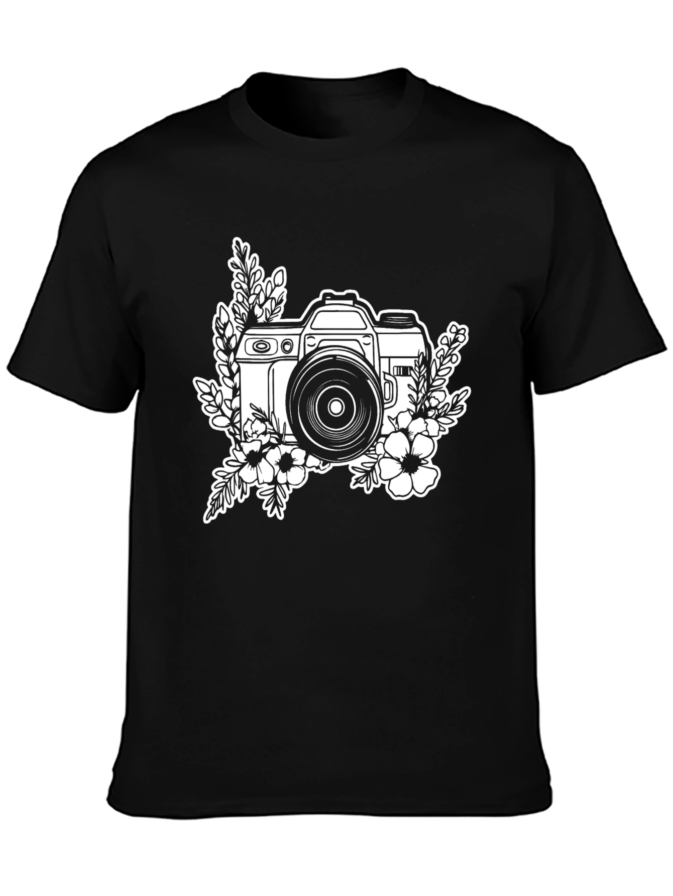 Floral Camera Black Graphic T-Shirt