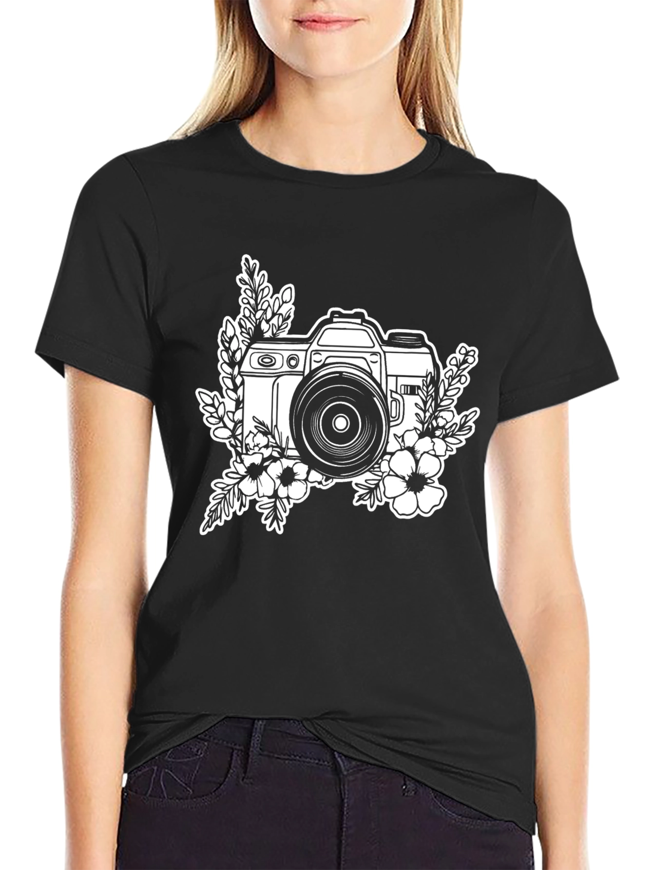 Floral Camera Black Graphic T-Shirt
