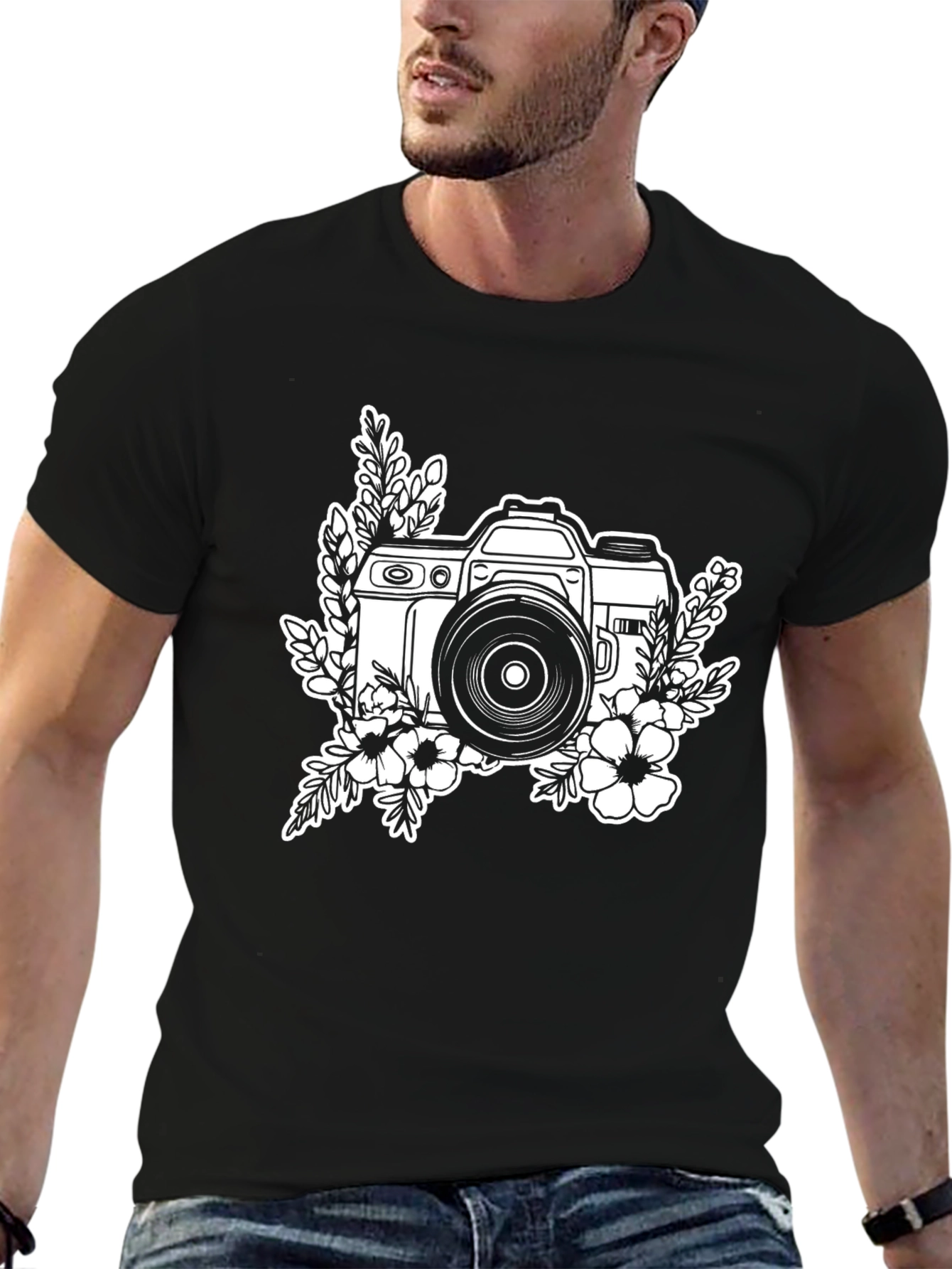 Floral Camera Black Graphic T-Shirt