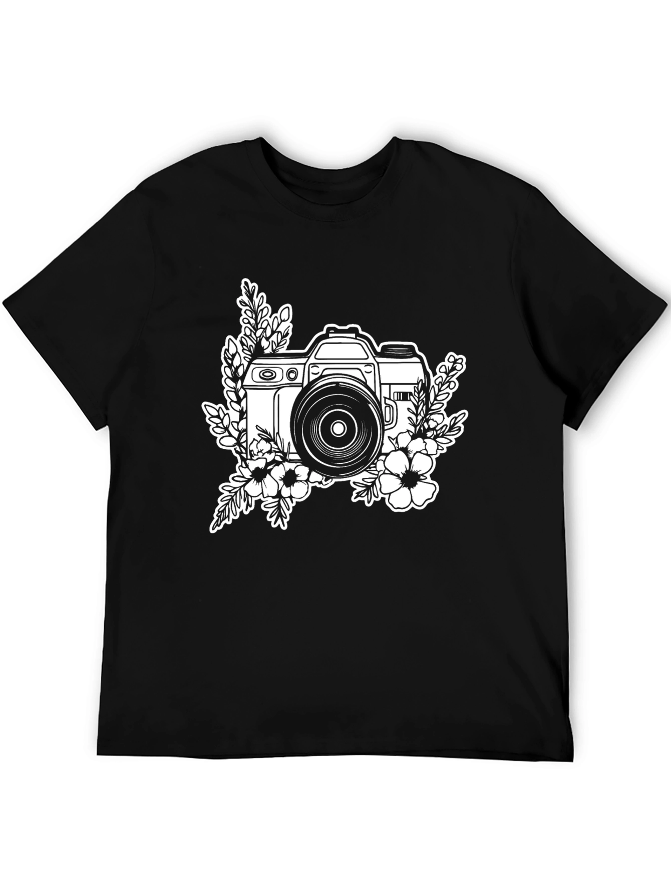 Floral Camera Black Graphic T-Shirt