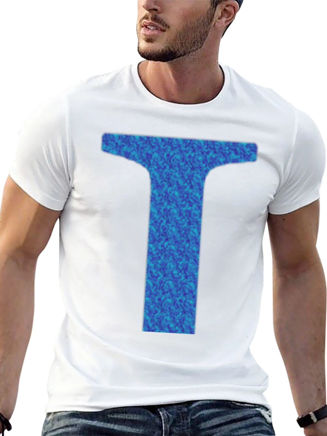 Abstract Blue Letter T Graphic Black T-Shirt