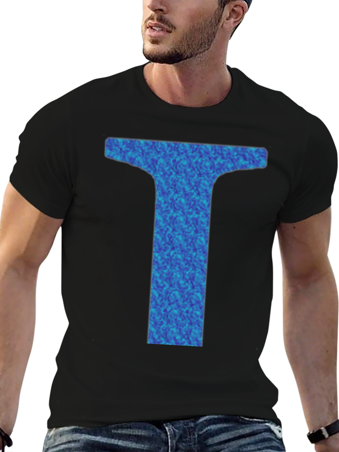 Abstract Blue Letter T Graphic Black T-Shirt