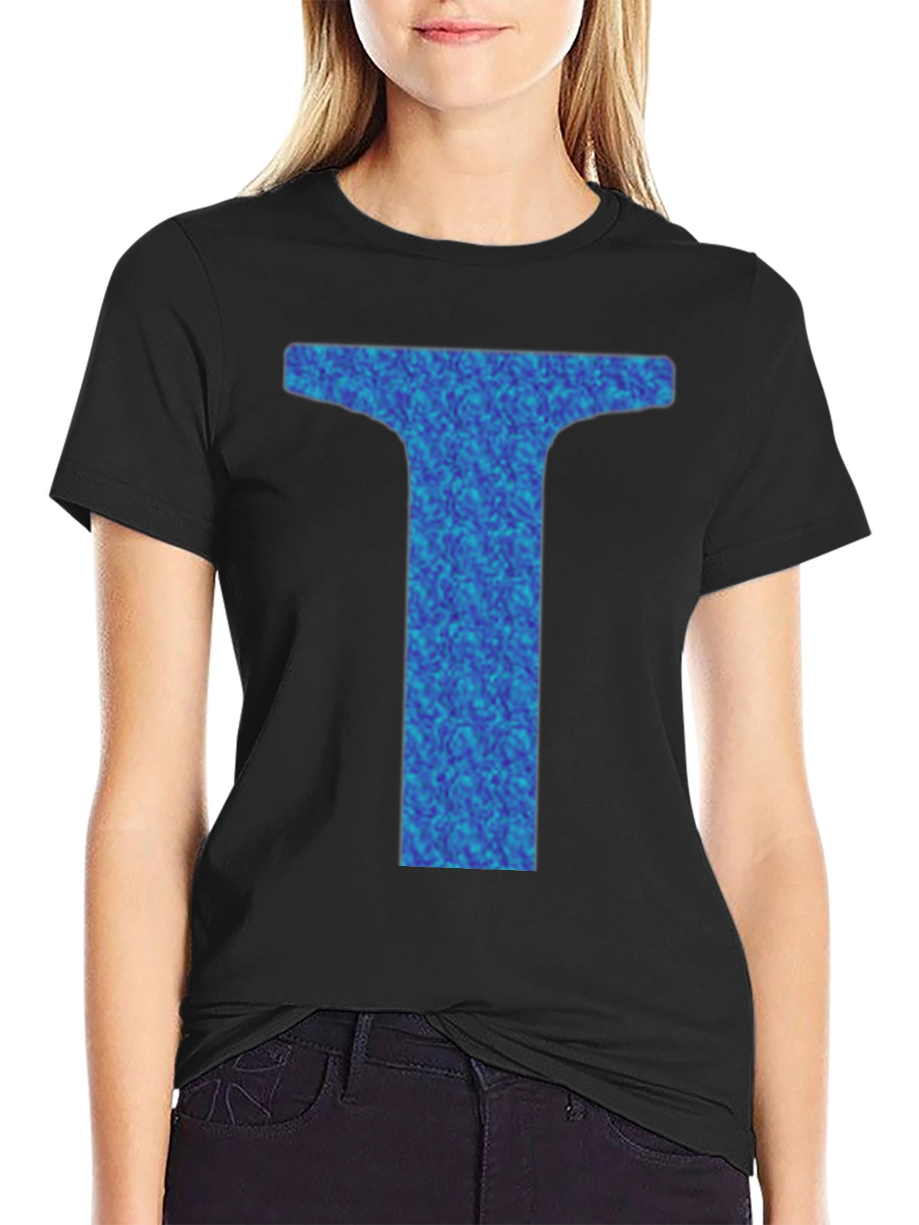 Abstract Blue Letter T Graphic Black T-Shirt