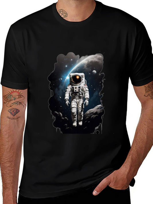 Astronaut in Space Graphic Tee - Black Cotton T-Shirt