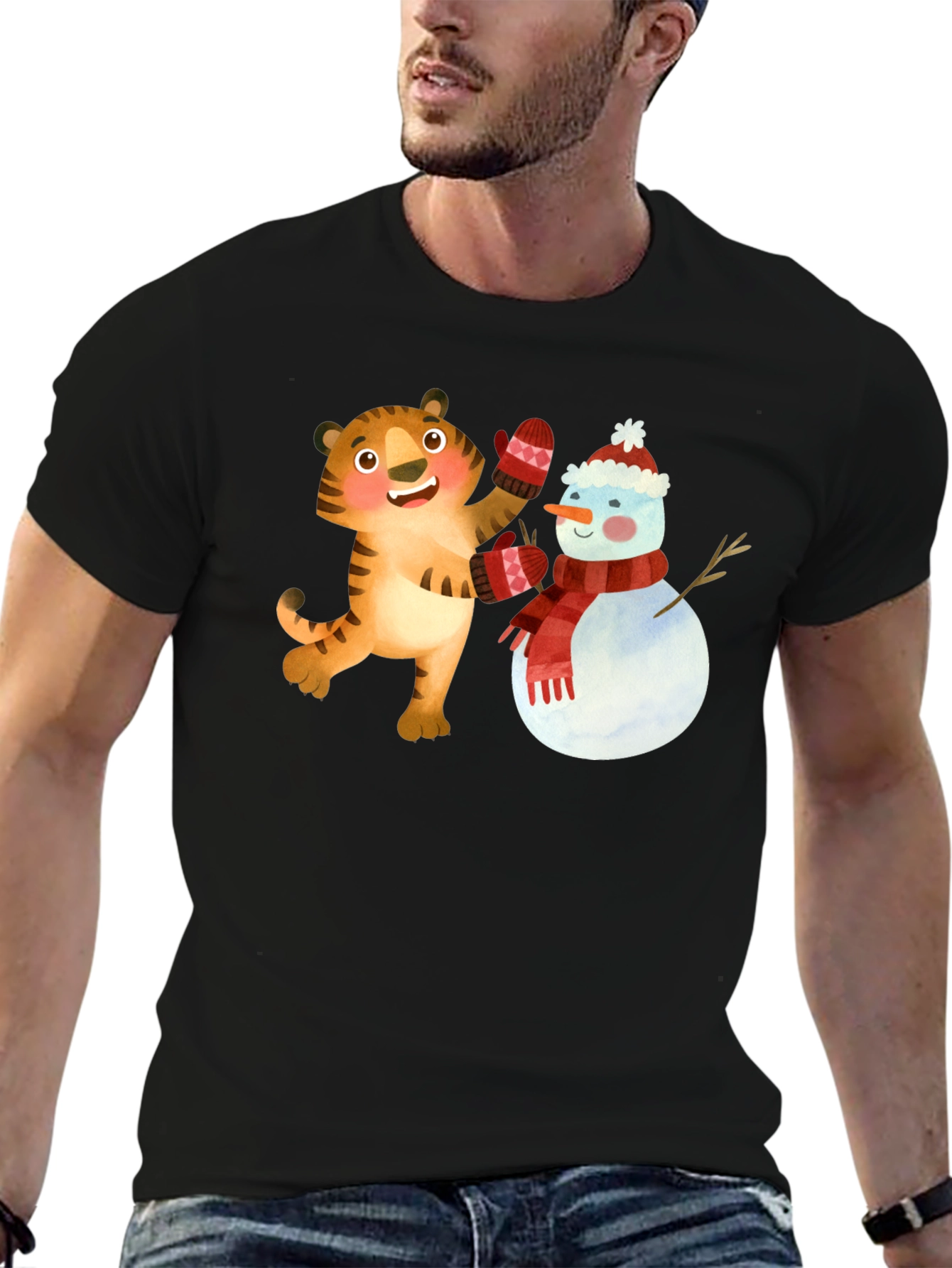 Festive Tiger & Snowman Graphic Tee