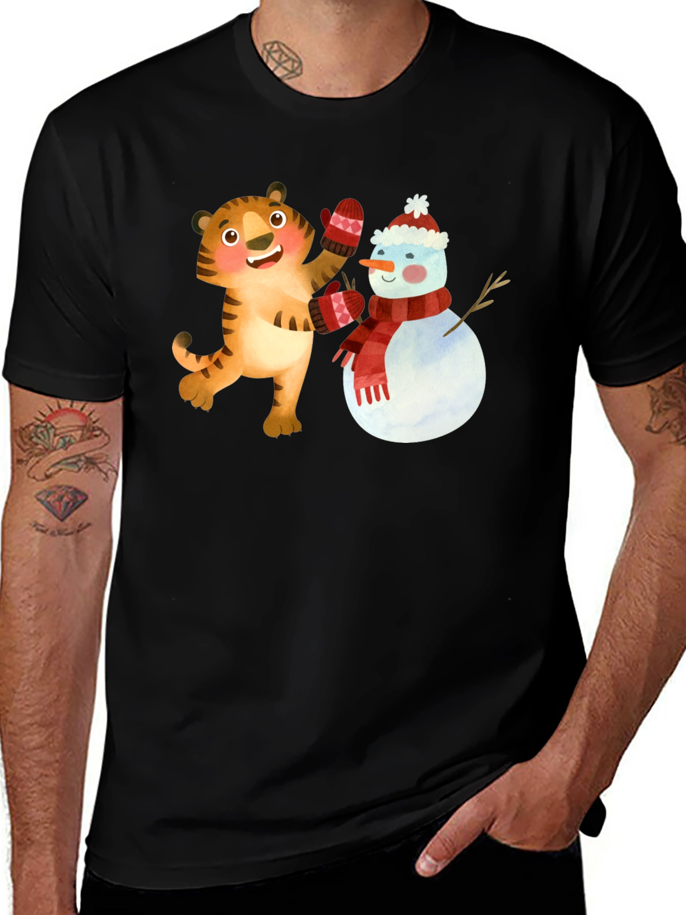 Festive Tiger & Snowman Graphic Tee