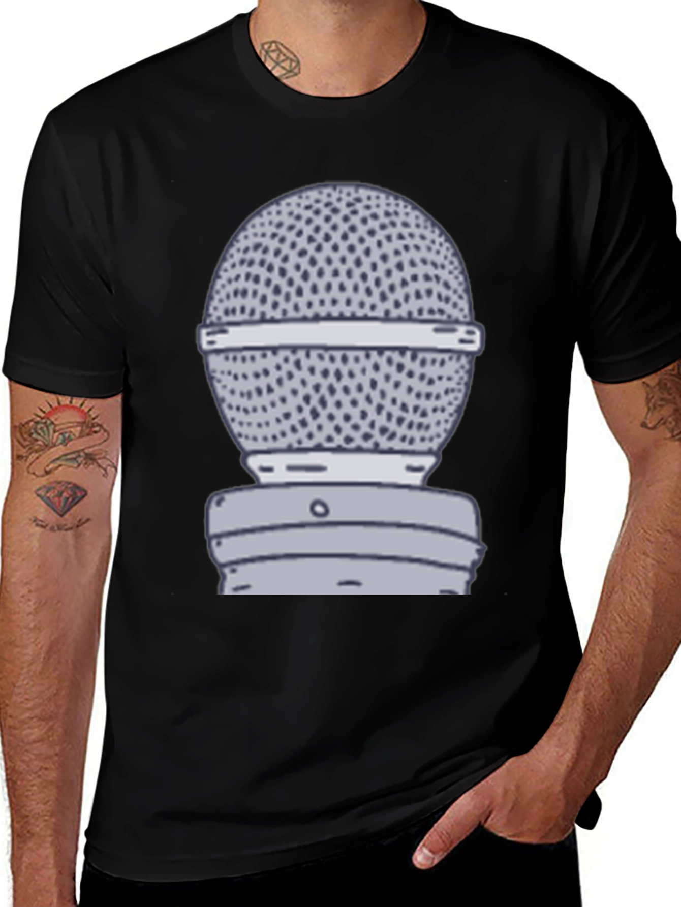 Retro Microphone Graphic Tee - Black Cotton T-Shirt