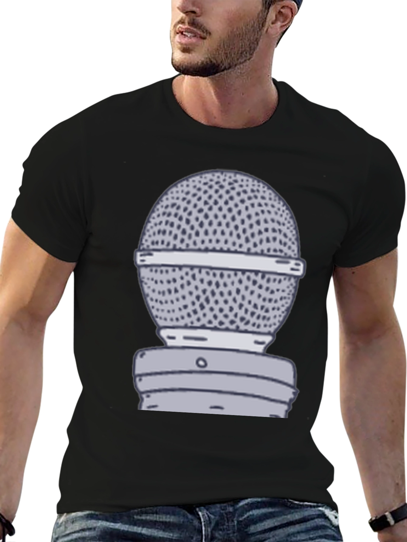 Retro Microphone Graphic Tee - Black Cotton T-Shirt