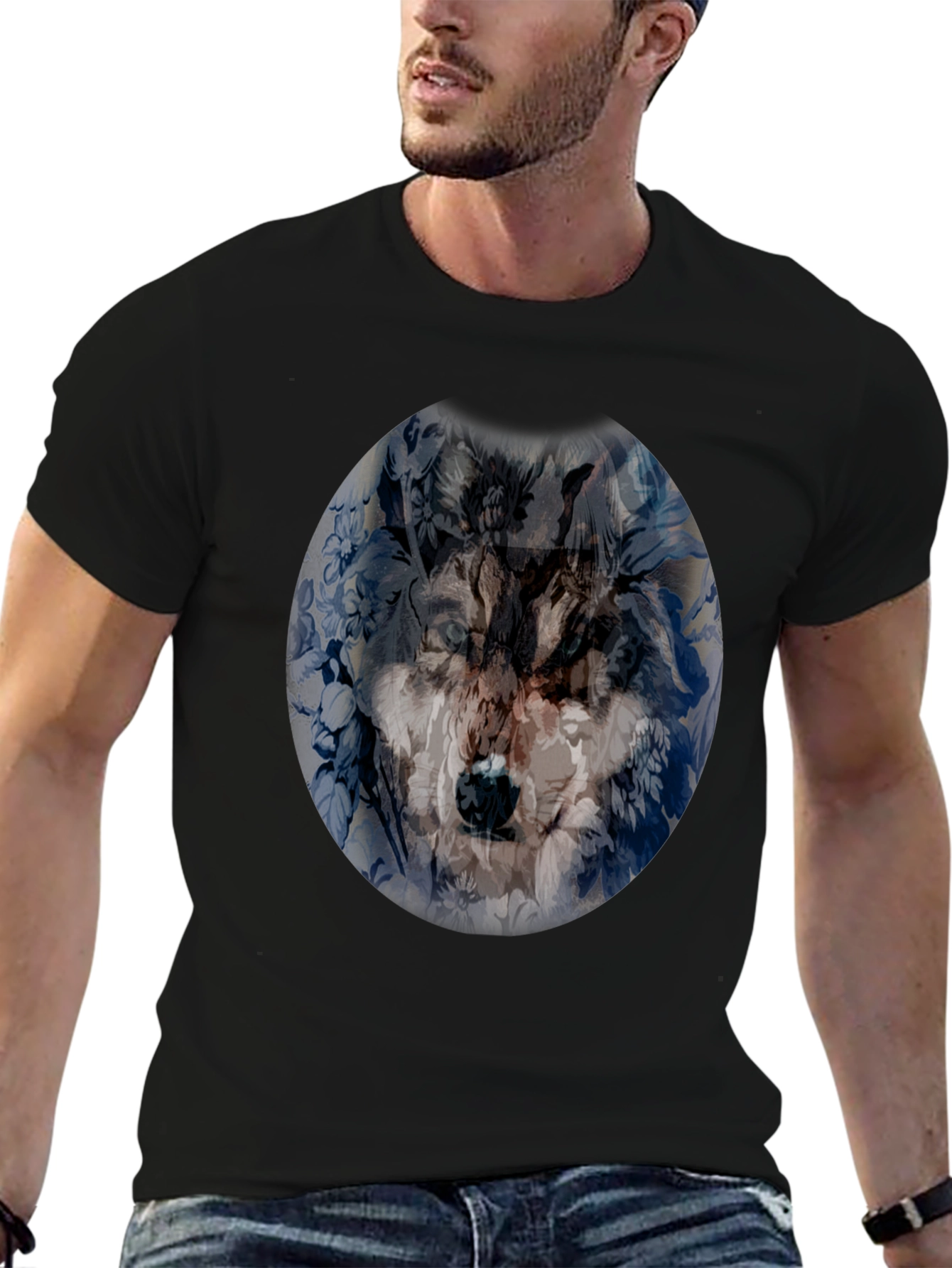 Wolf Floral Print Black T-Shirt