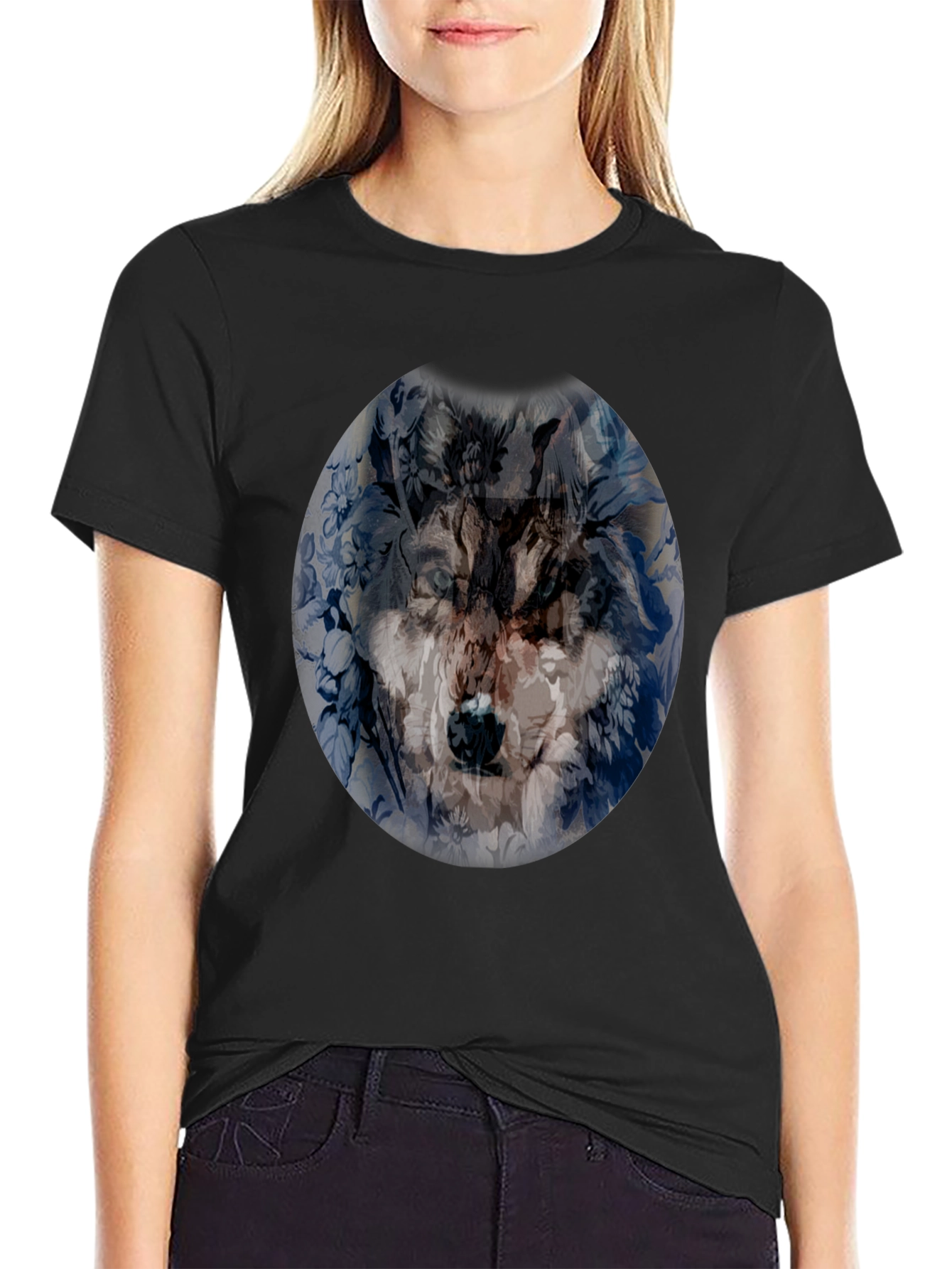 Wolf Floral Print Black T-Shirt