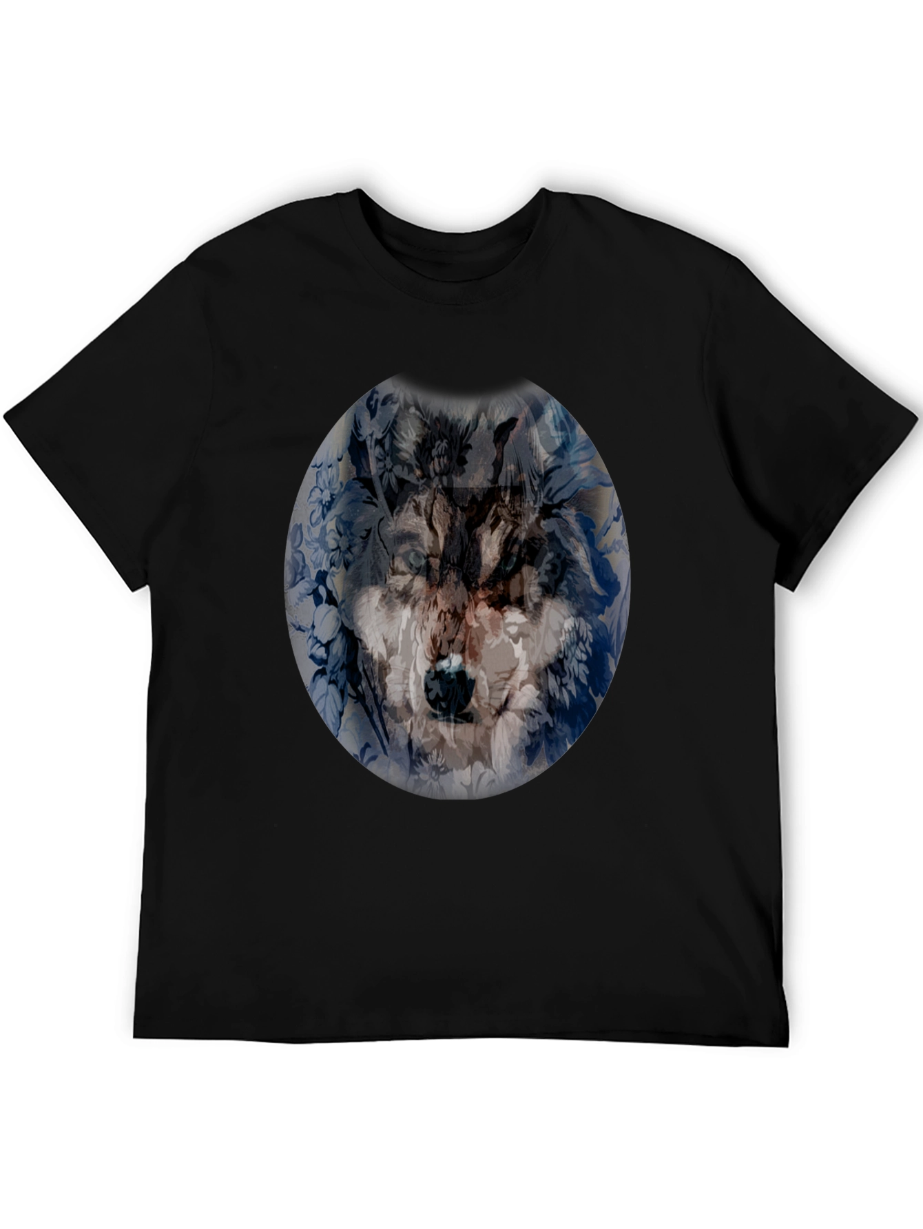 Wolf Floral Print Black T-Shirt