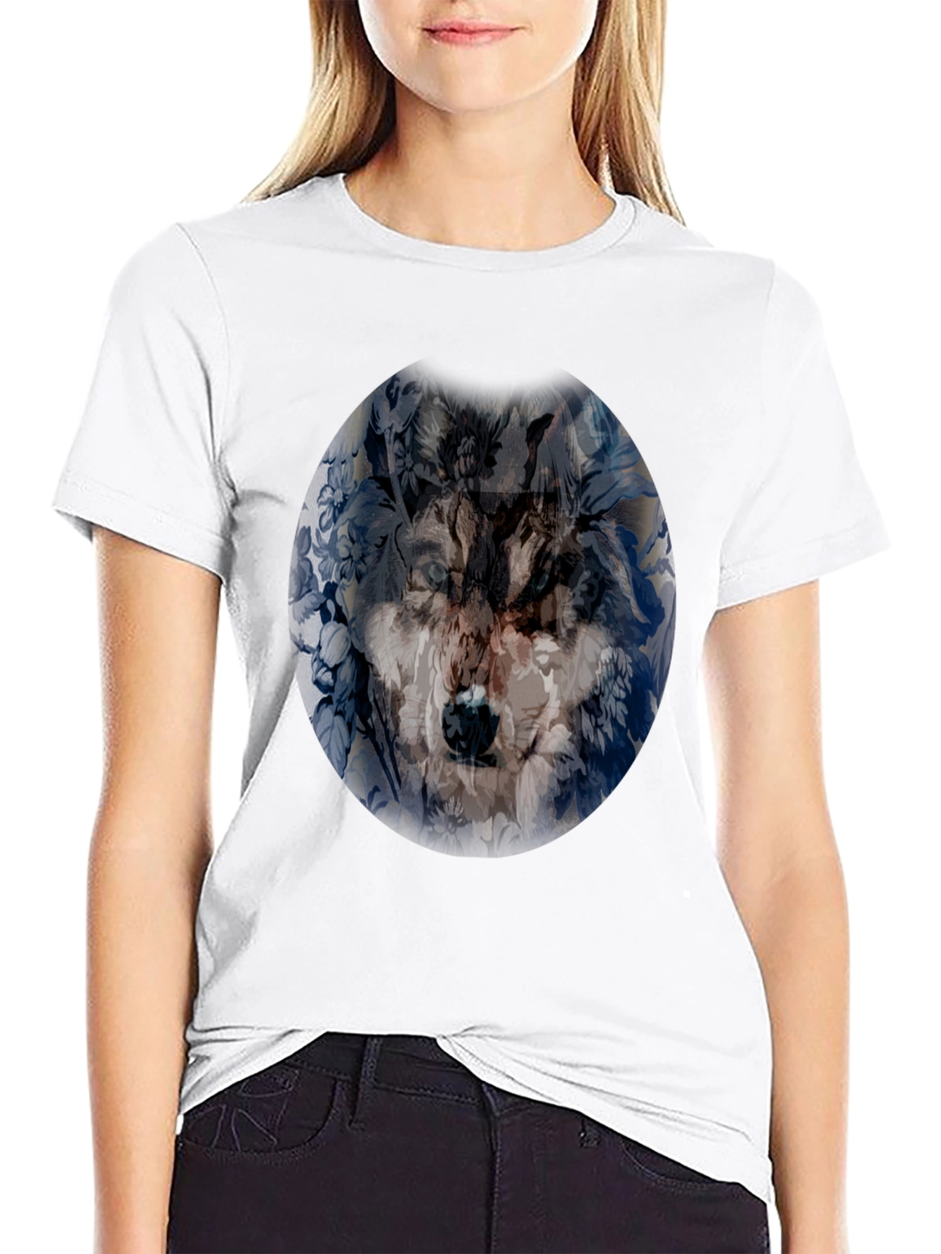 Wolf Floral Print Black T-Shirt