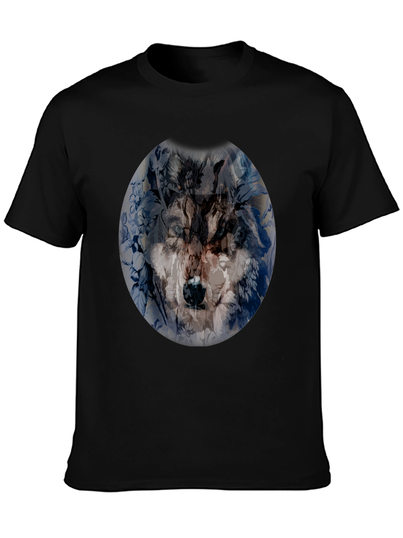 Wolf Floral Print Black T-Shirt