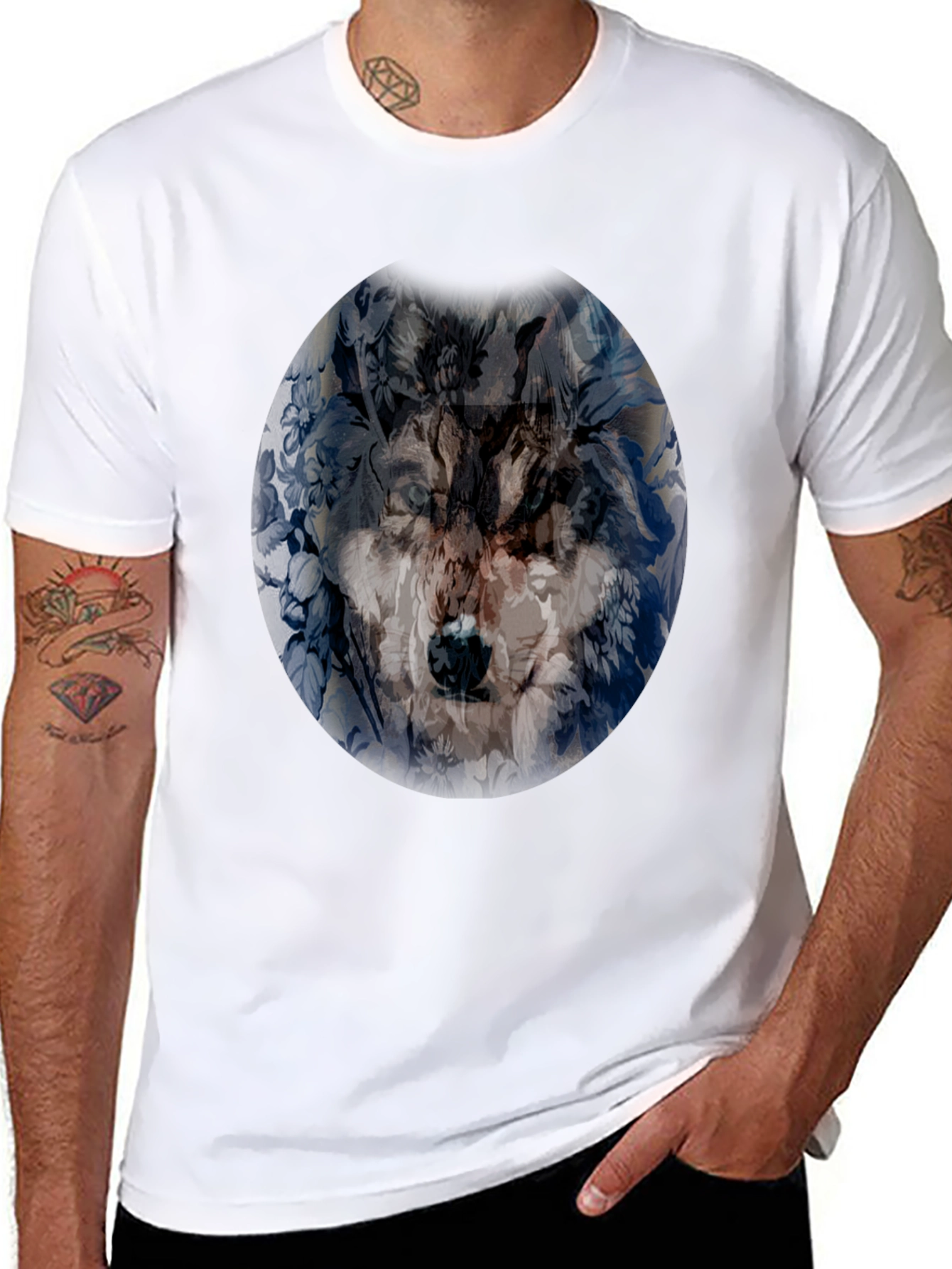 Wolf Floral Print Black T-Shirt