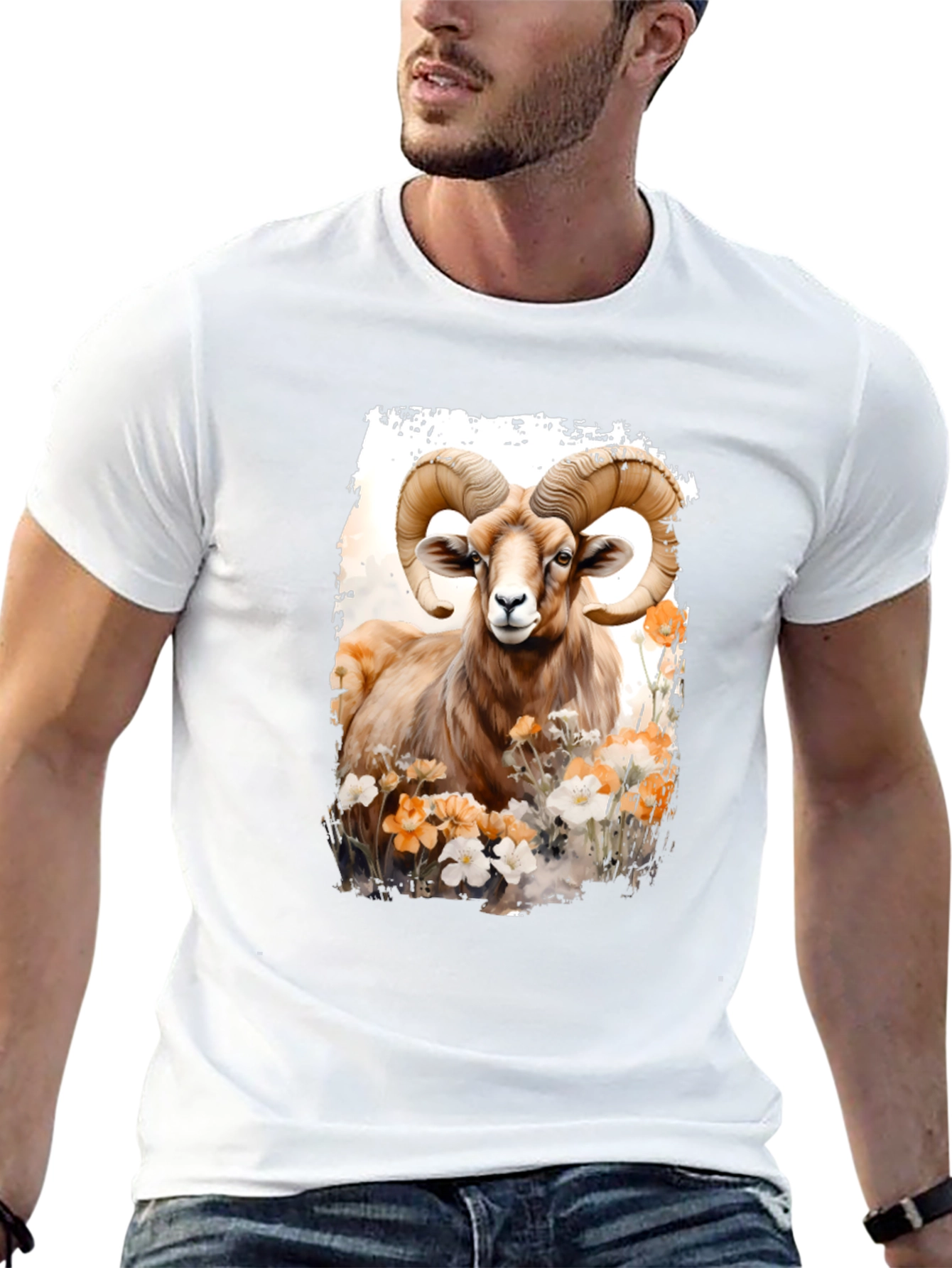 Ram Animal Floral Graphic Print Black Tee