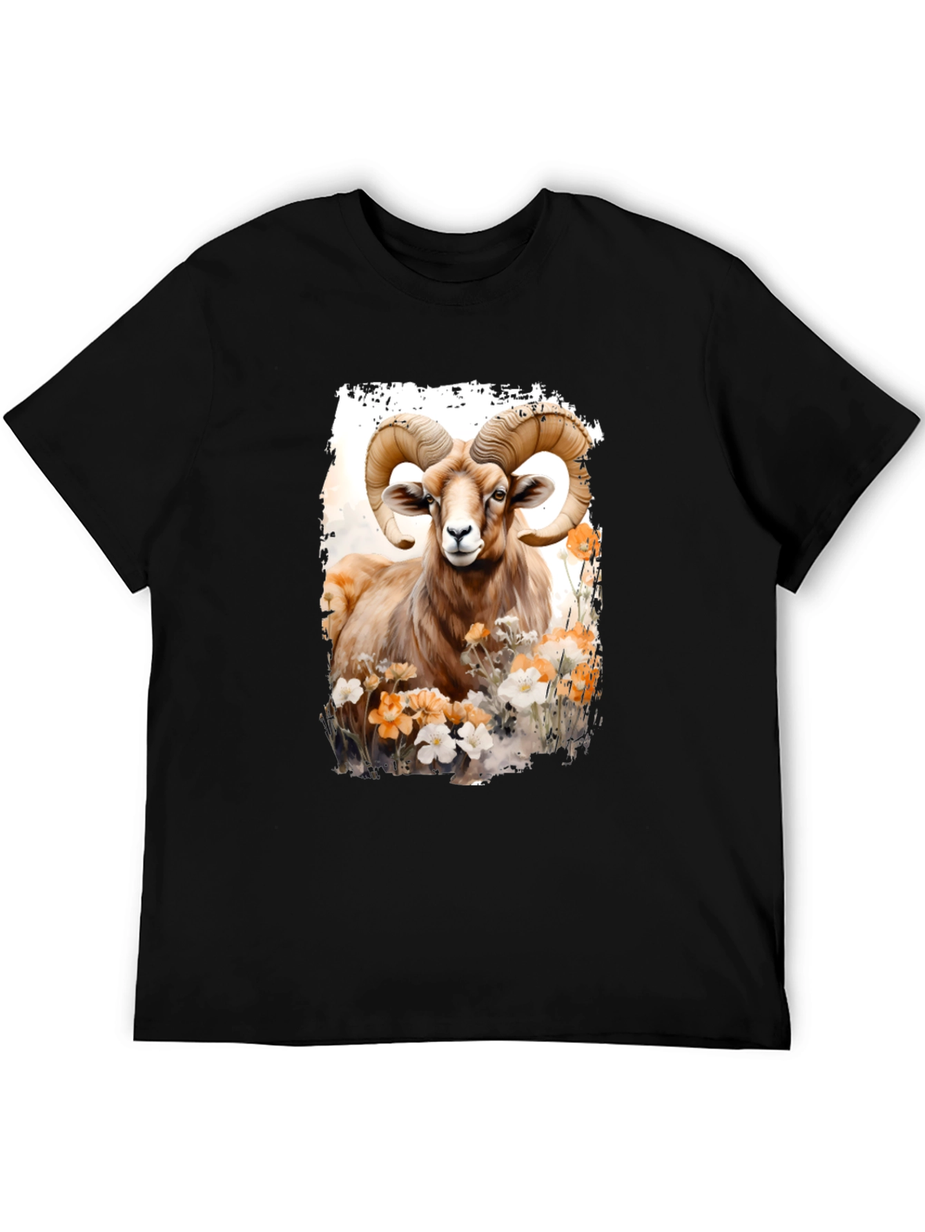 Ram Animal Floral Graphic Print Black Tee