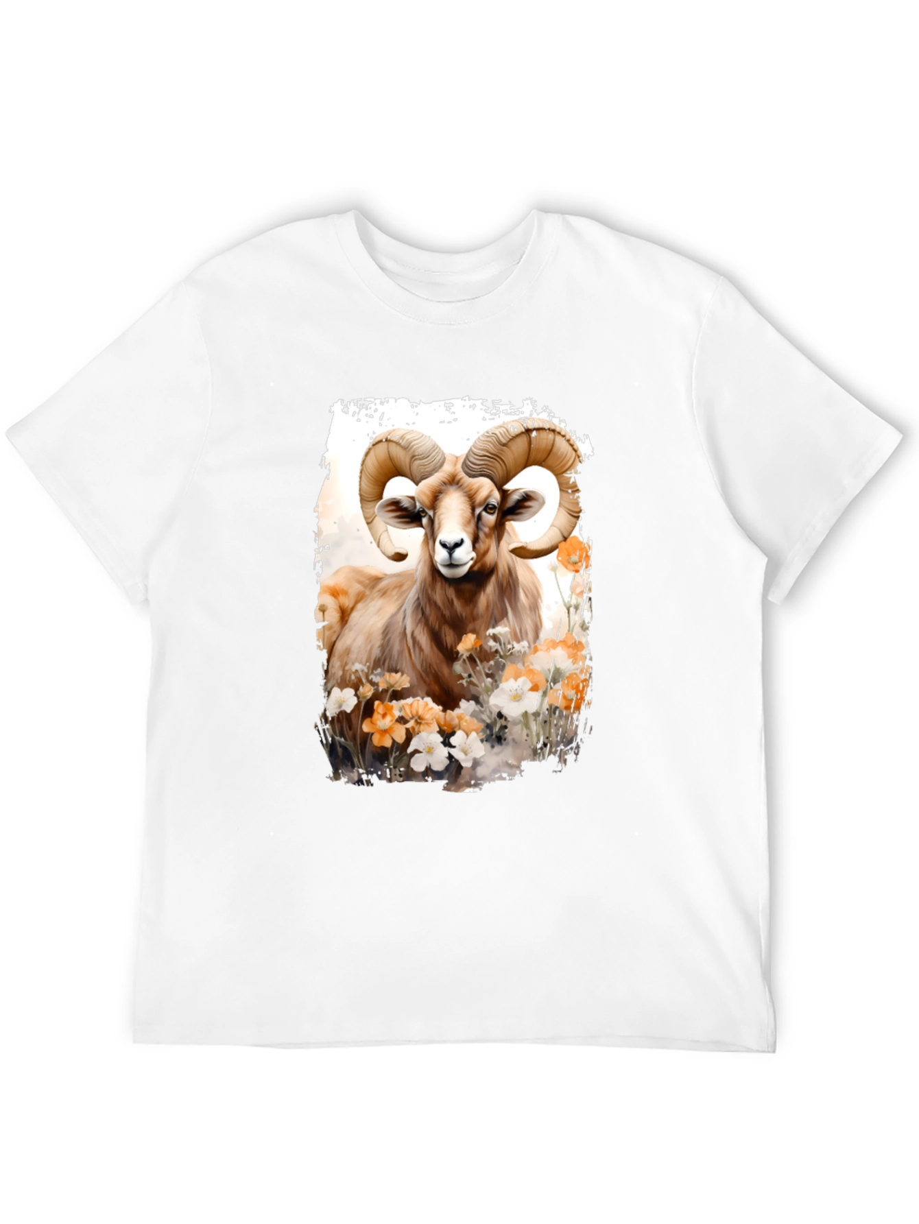Ram Animal Floral Graphic Print Black Tee