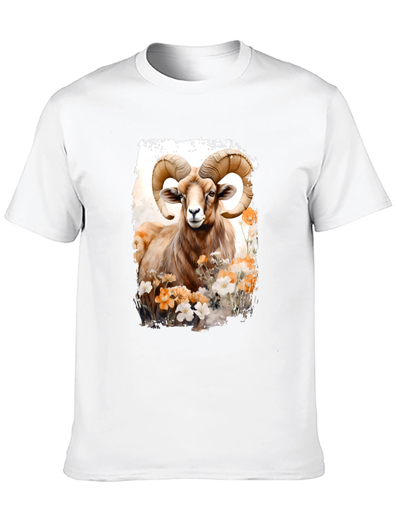 Ram Animal Floral Graphic Print Black Tee