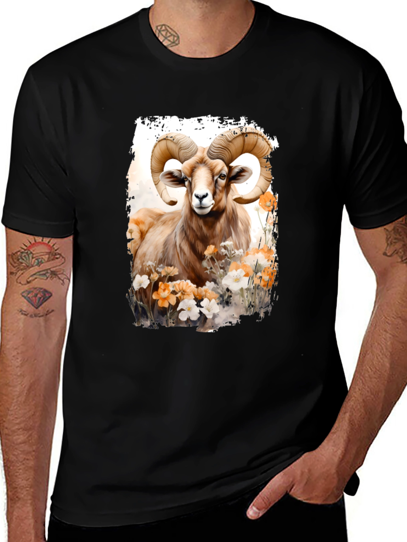 Ram Animal Floral Graphic Print Black Tee