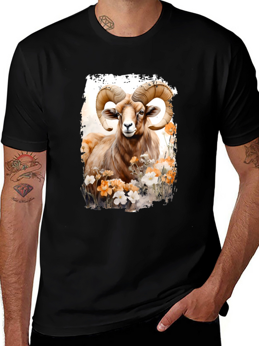 Ram Animal Floral Graphic Print Black Tee
