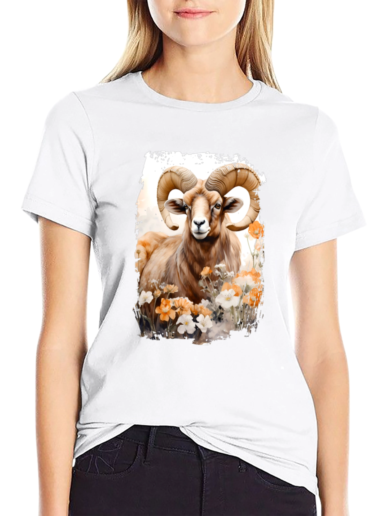 Ram Animal Floral Graphic Print Black Tee