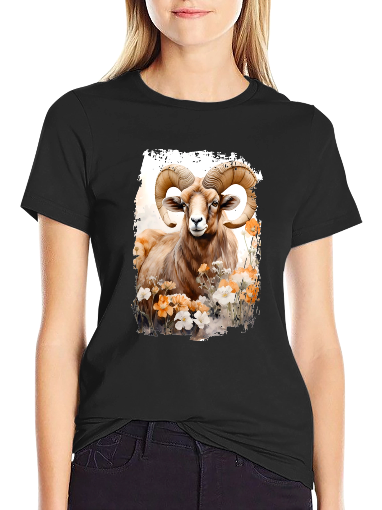 Ram Animal Floral Graphic Print Black Tee