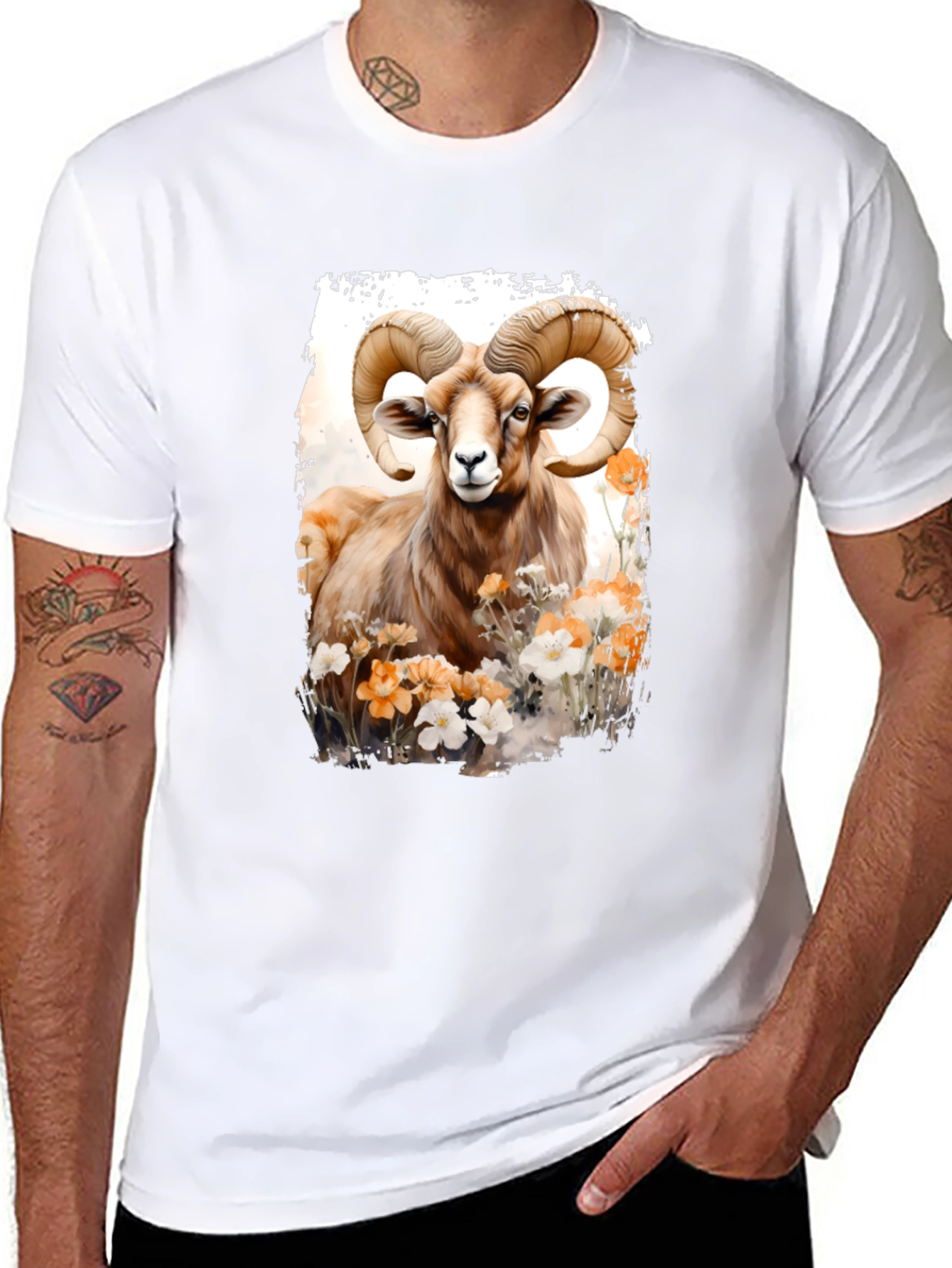 Ram Animal Floral Graphic Print Black Tee