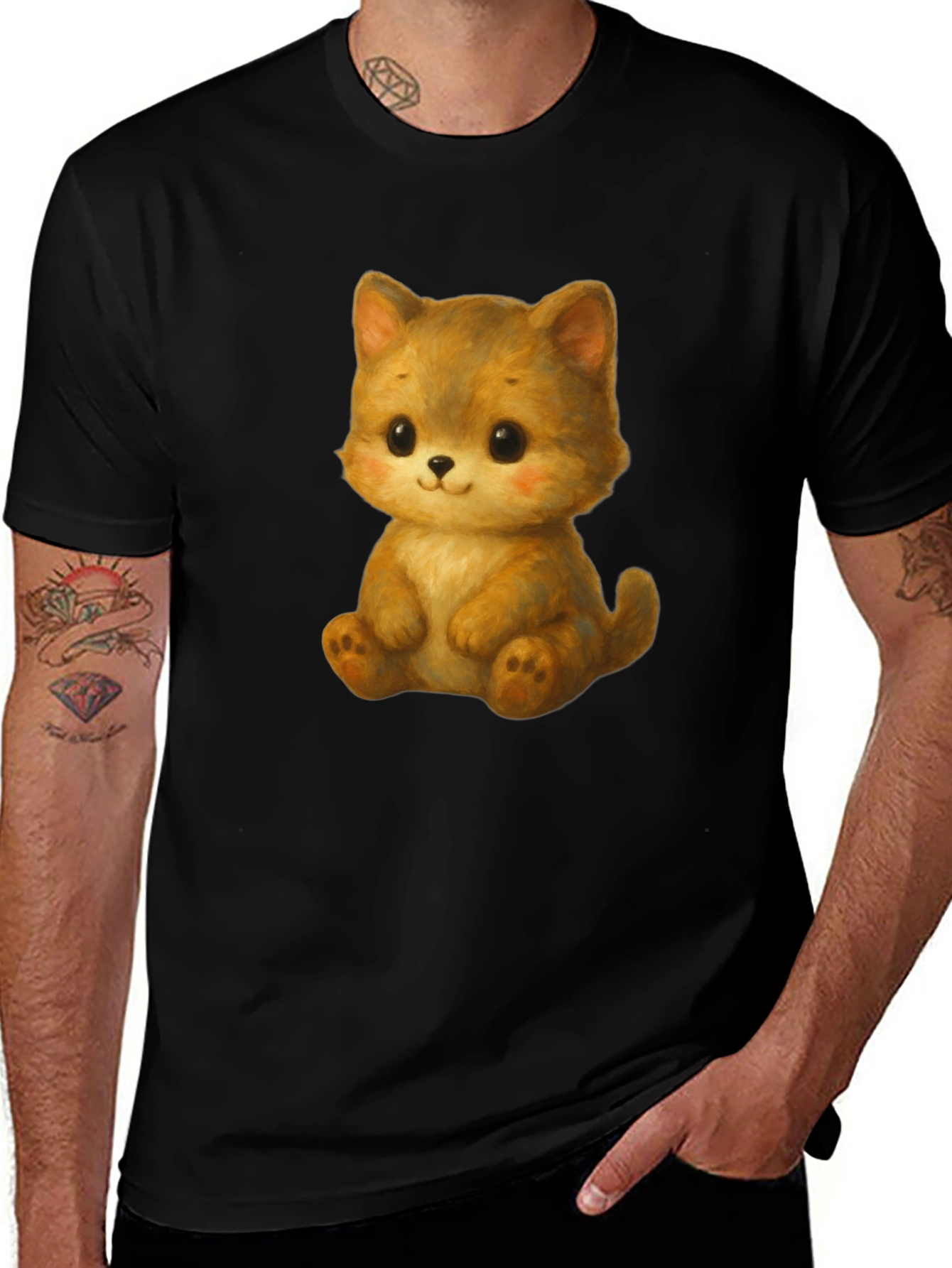 Cute Kitten Graphic Tee - Soft Black Cotton Shirt