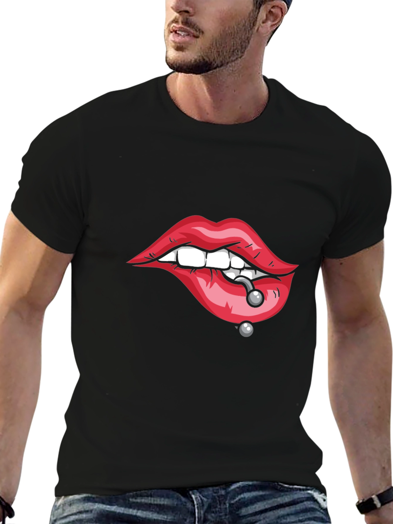 Pierced Lips Graphic Tee - Bold Black T-Shirt