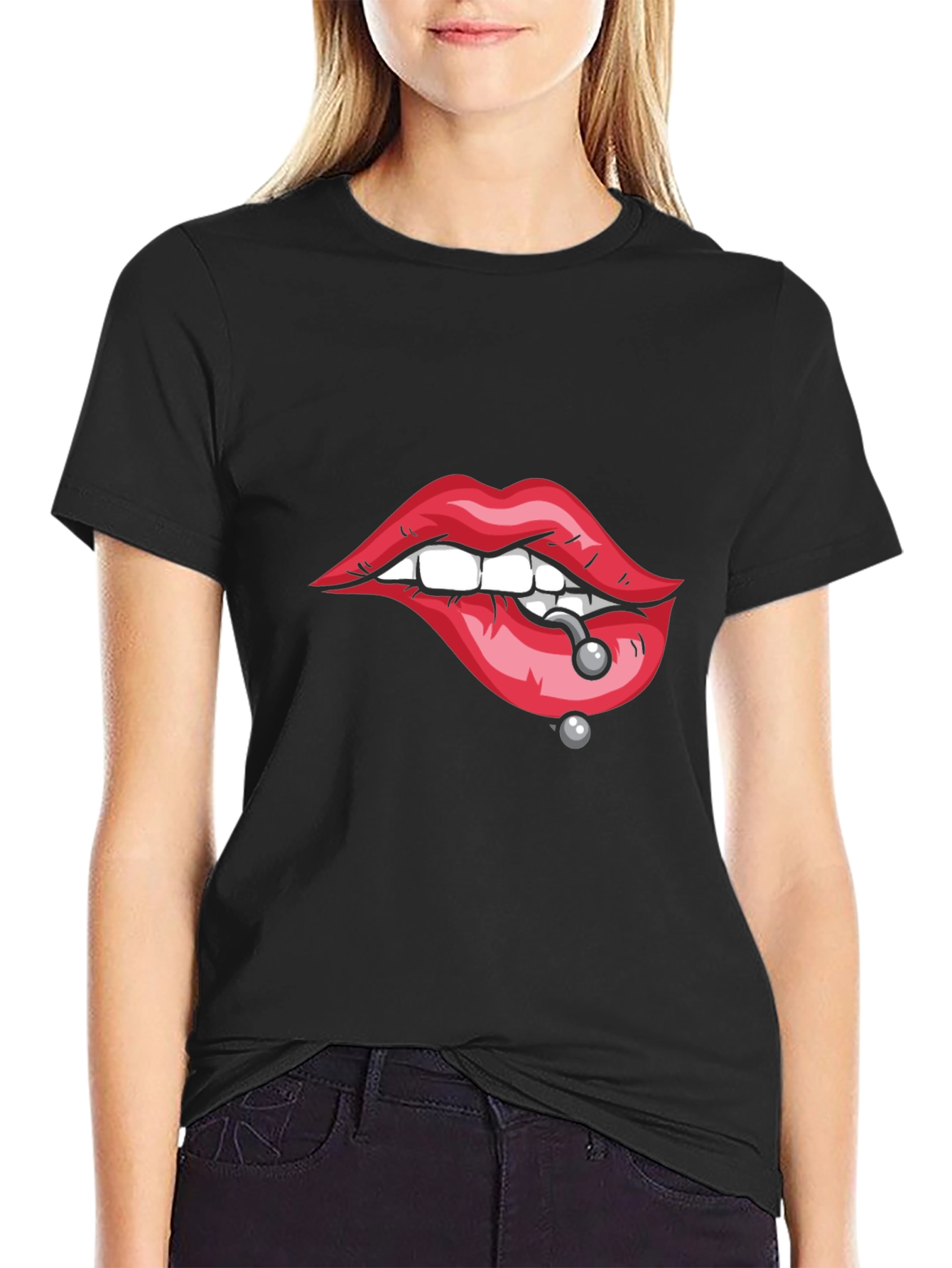 Pierced Lips Graphic Tee - Bold Black T-Shirt